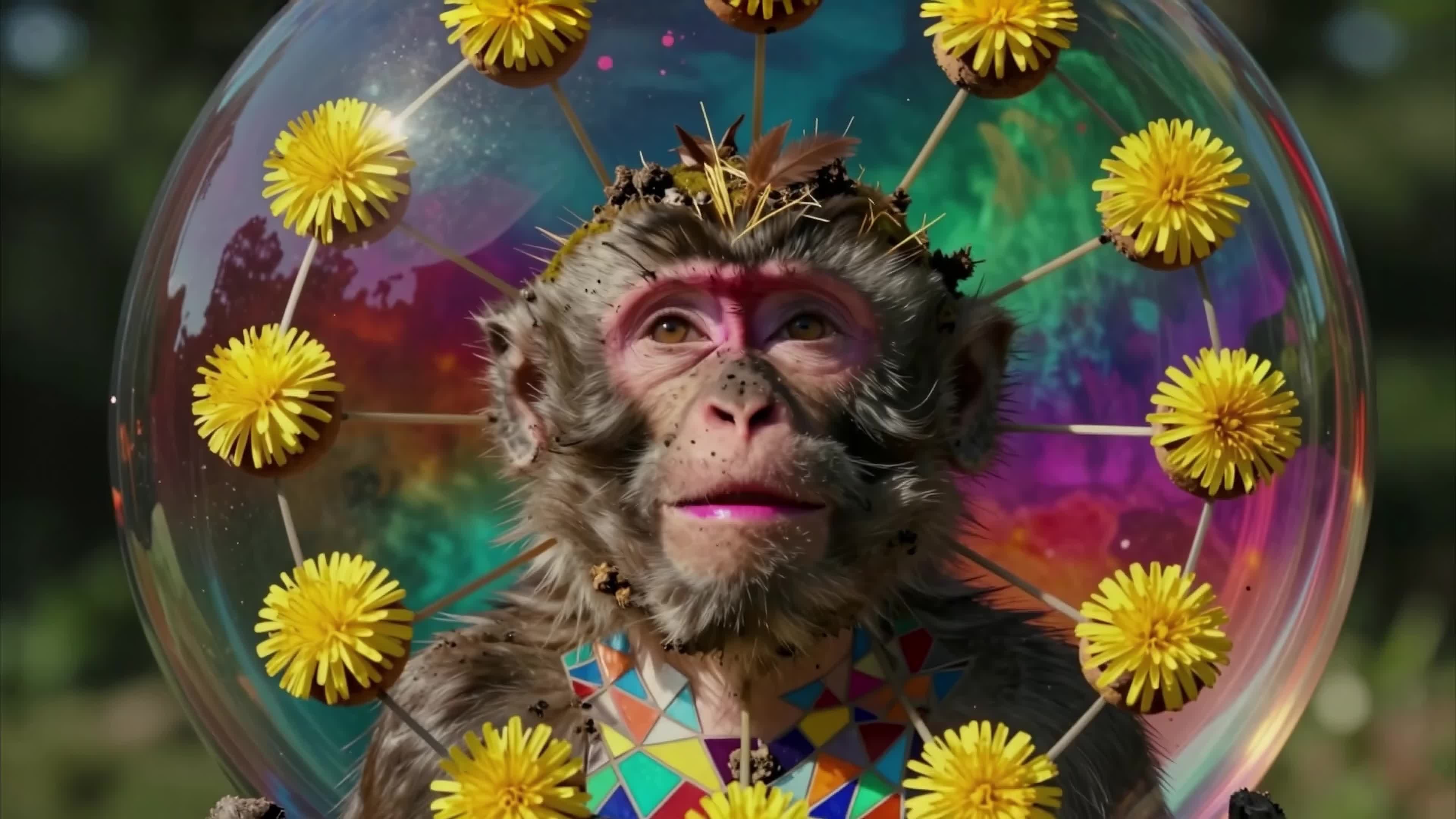 4K video of a monkey crowned with vibrant dandelions amidst cosmic abstract background.