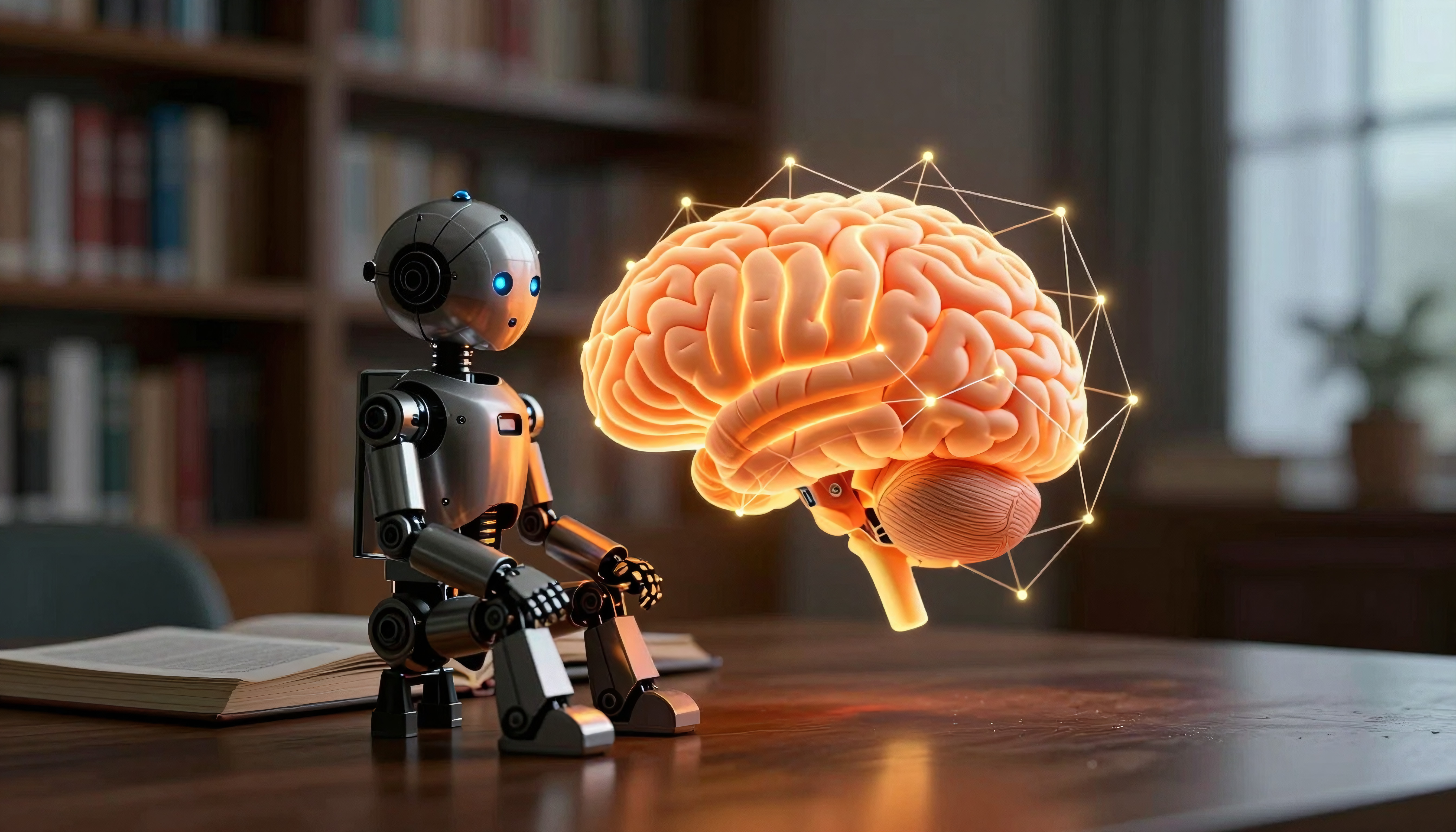 Robot Interacting with Glowing Brain in Library Study Setting