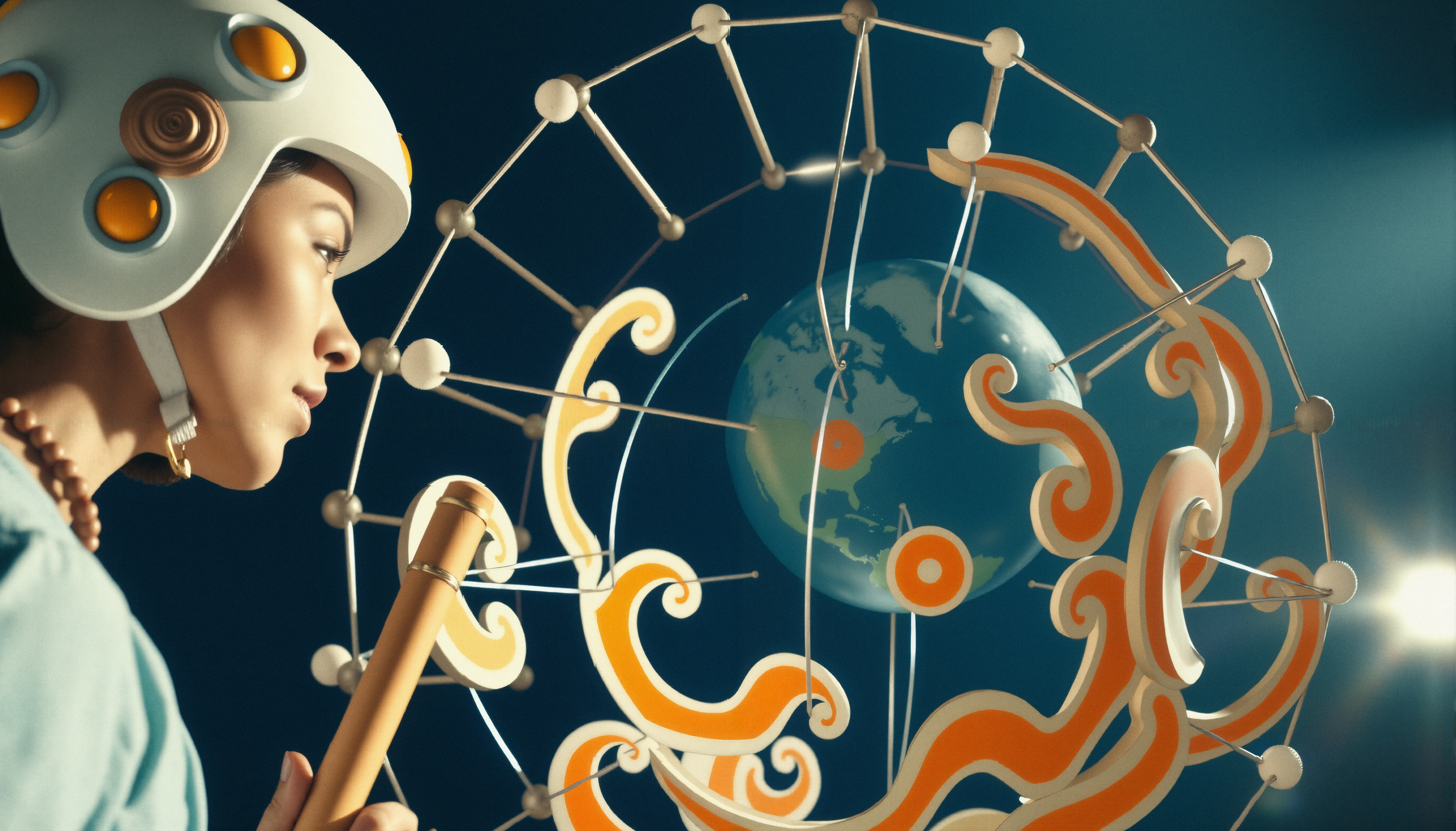 Scientist with futuristic helmet examining global molecular model
