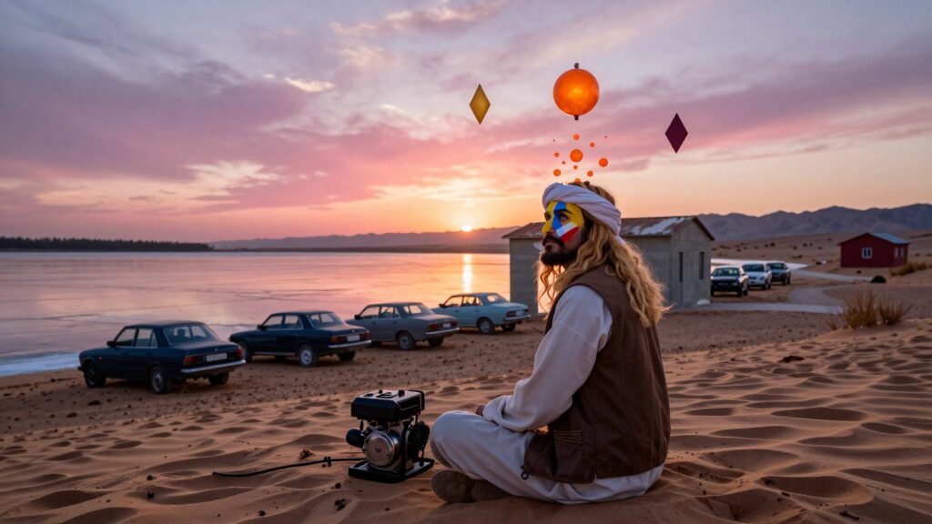 A person with vibrant face paint meditates on a desert beach at sunset with floating objects
