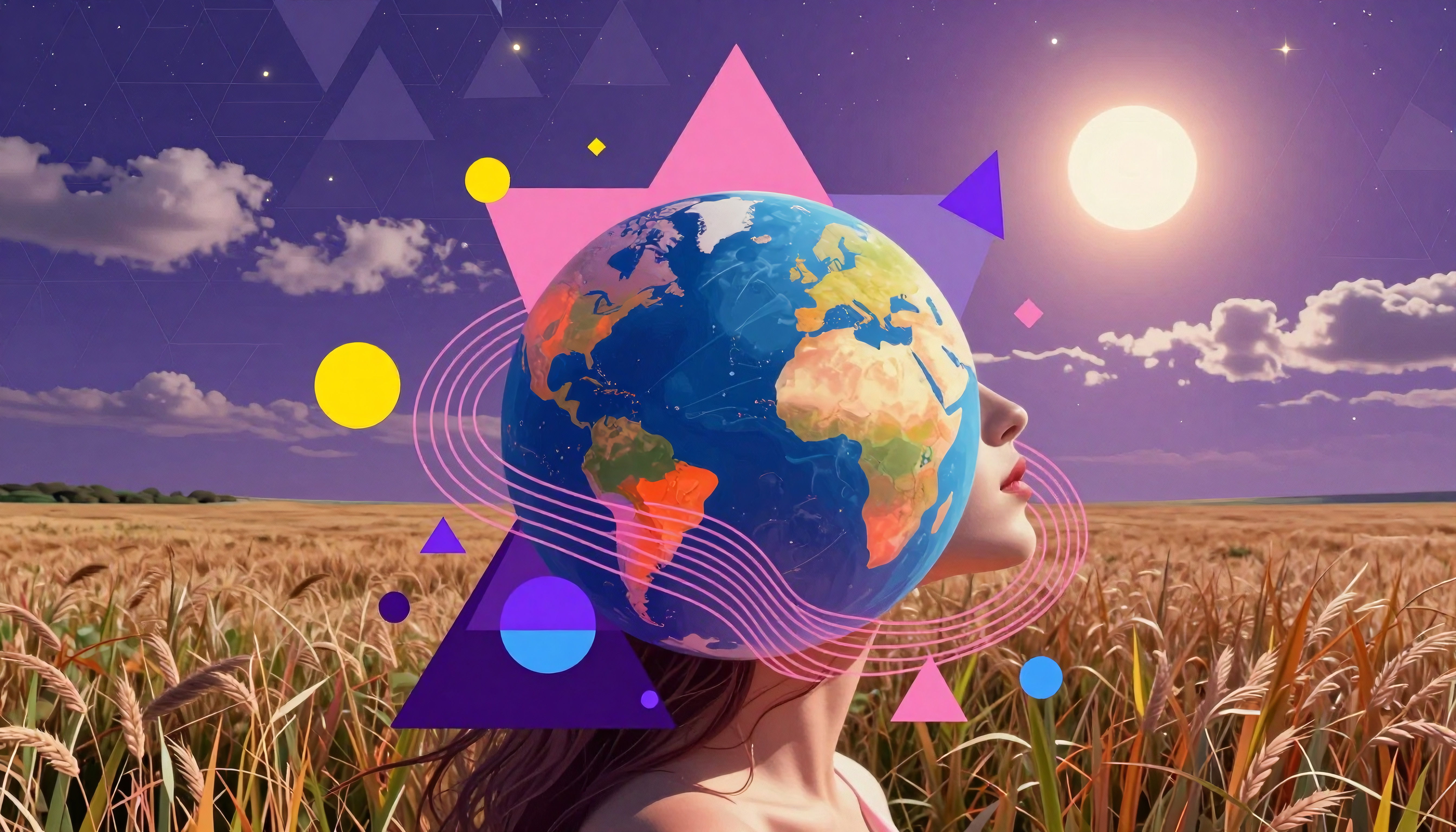 Globe as Head: Serene Wheat Field with Cosmic Geometric Elements