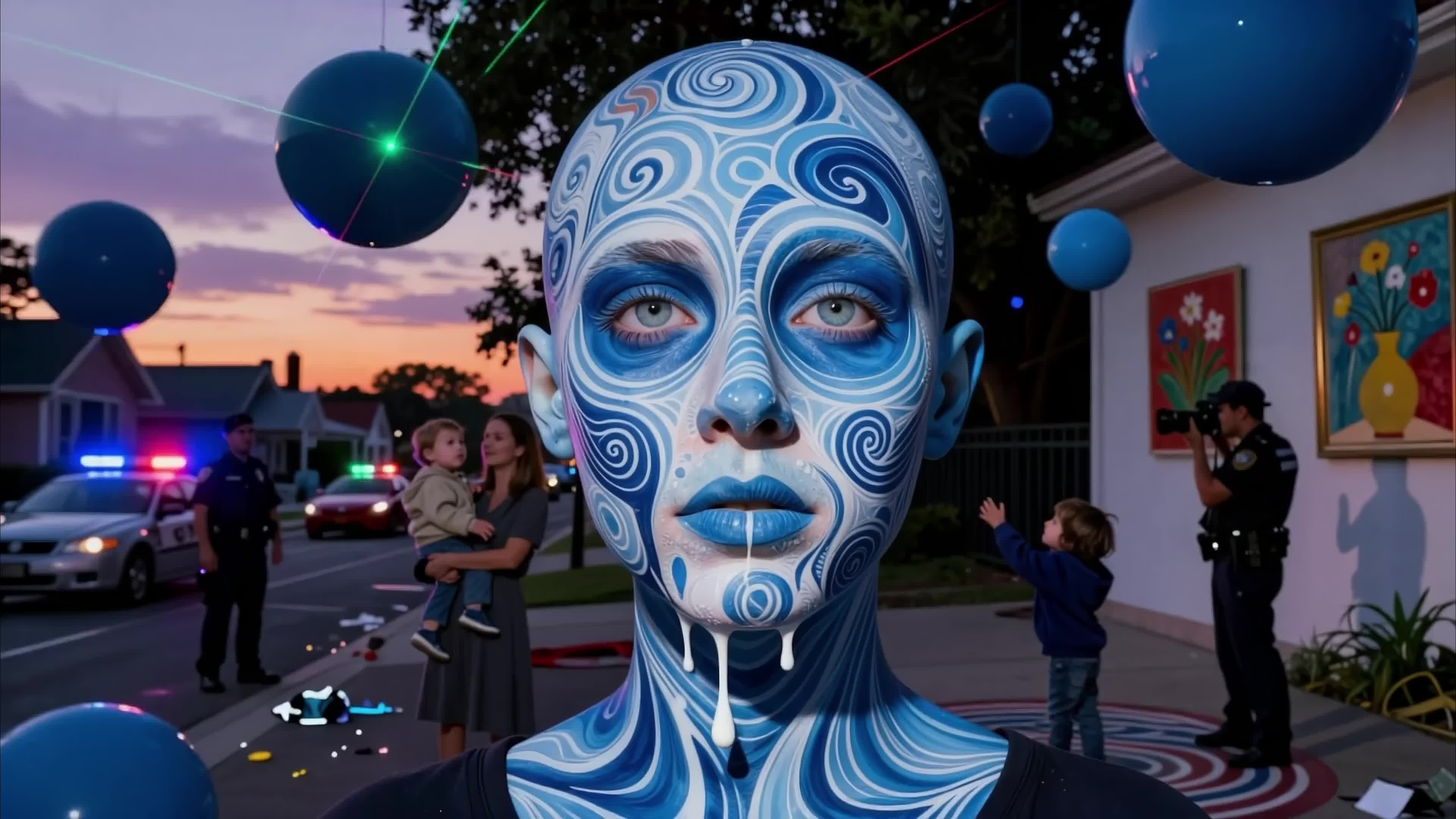 4K video of a woman with blue artistic facial design amidst suburban chaos during sunset with floating balloons and police presence.