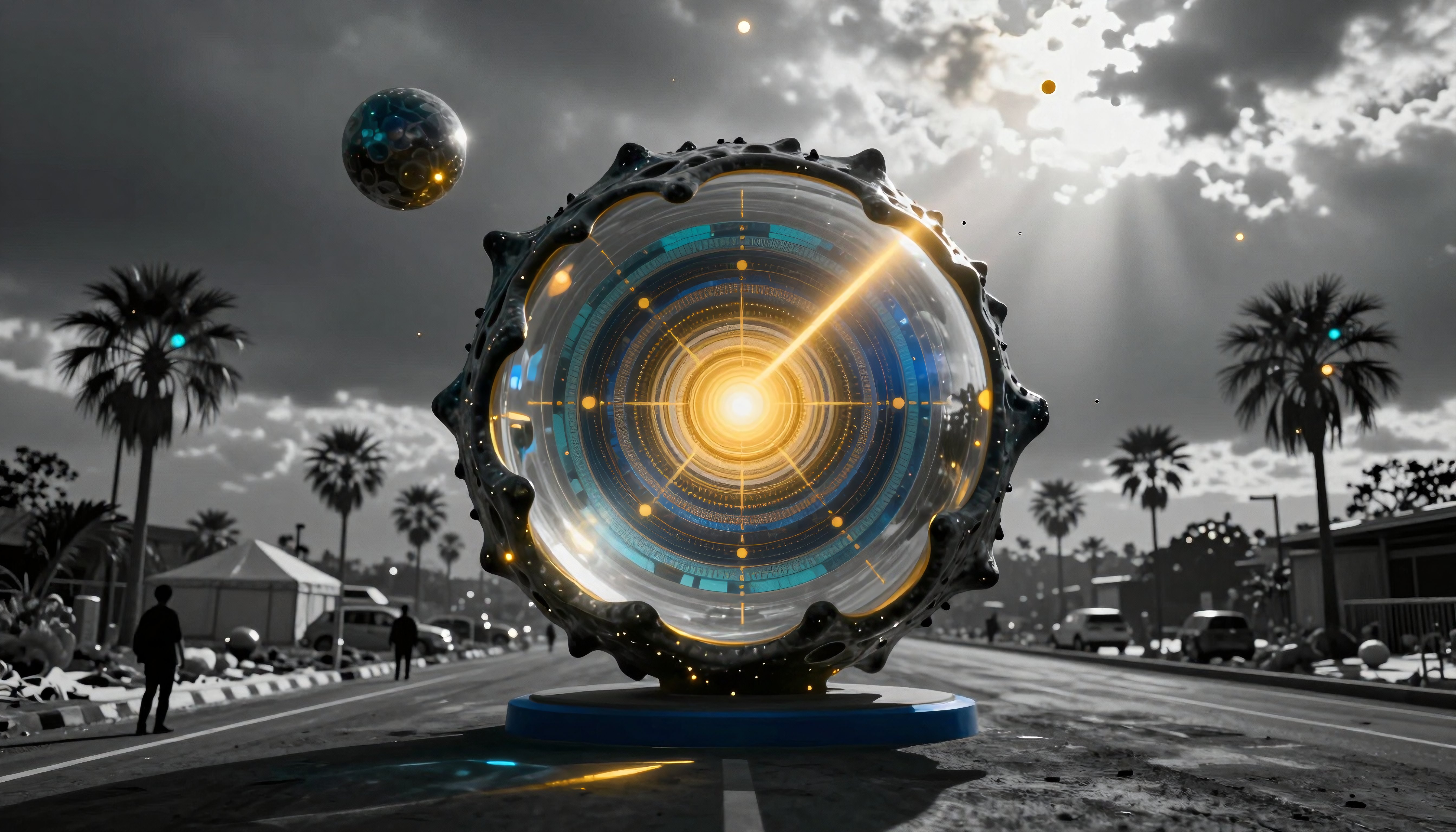 Futuristic Tech Portal in Urban Street with Palm Trees