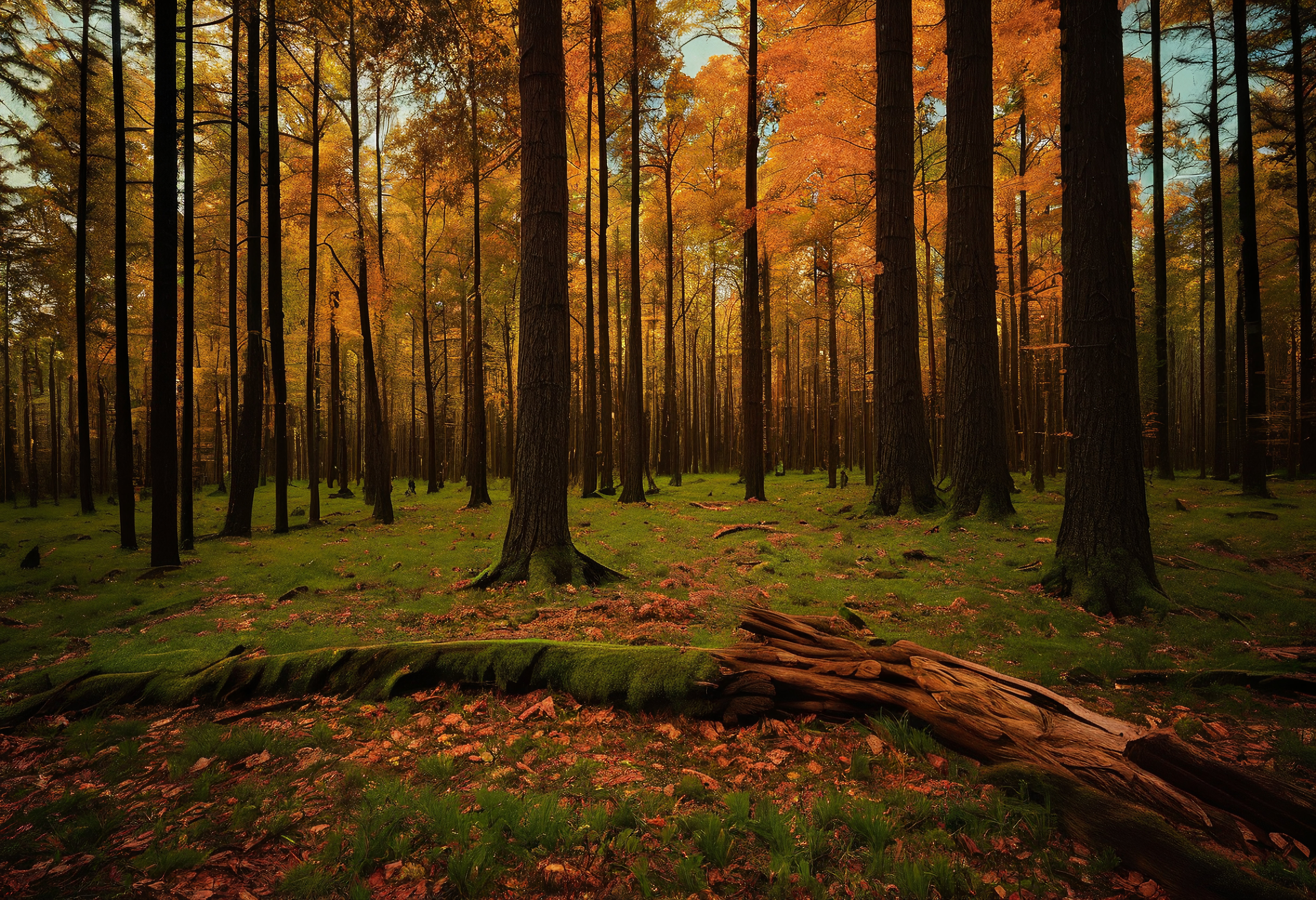 Autumn Forest with Golden Light and Fallen Leaves