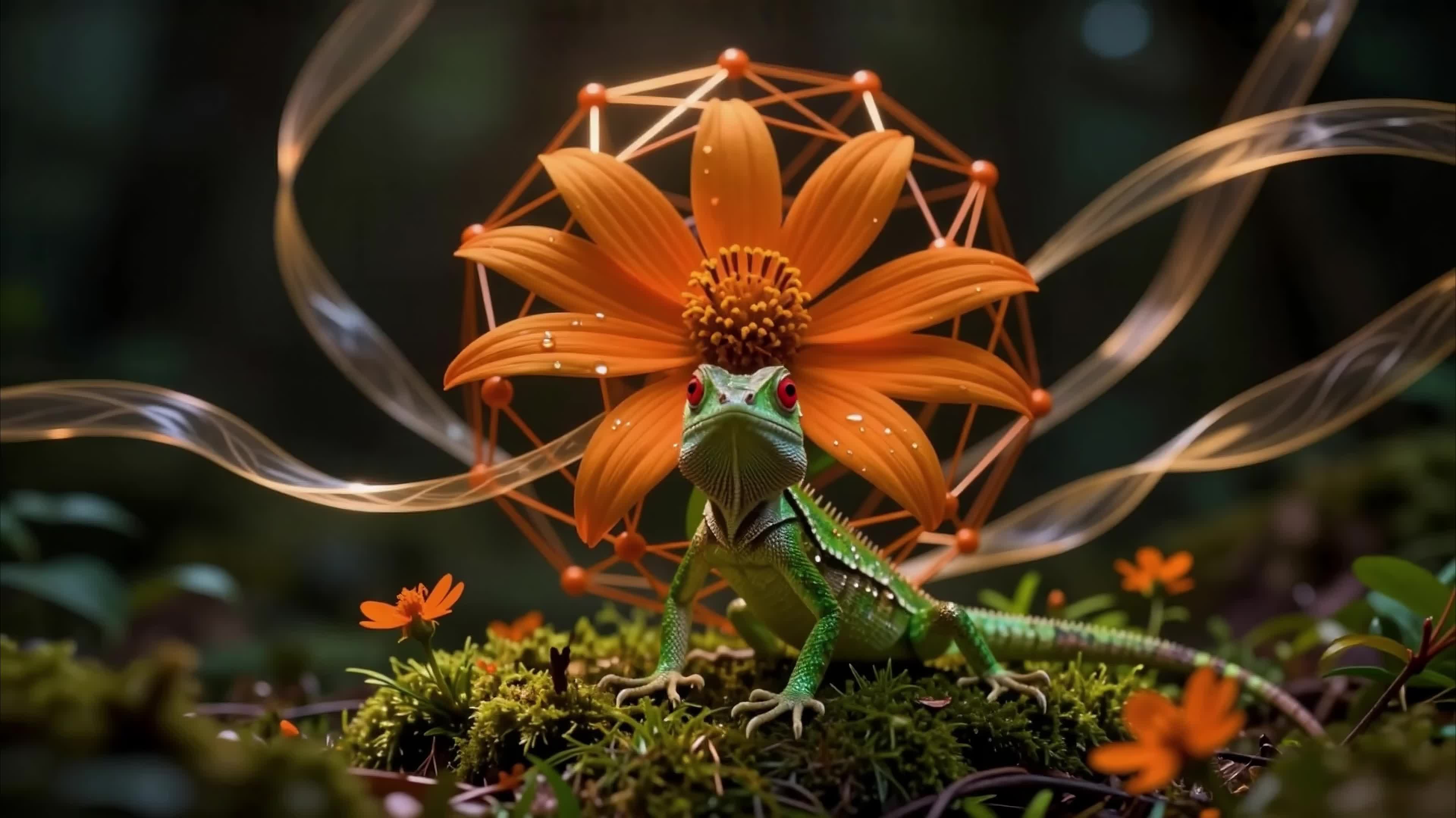 4K video of a green lizard among radiant orange blossoms and swirling golden ribbons in mystical forest setting.