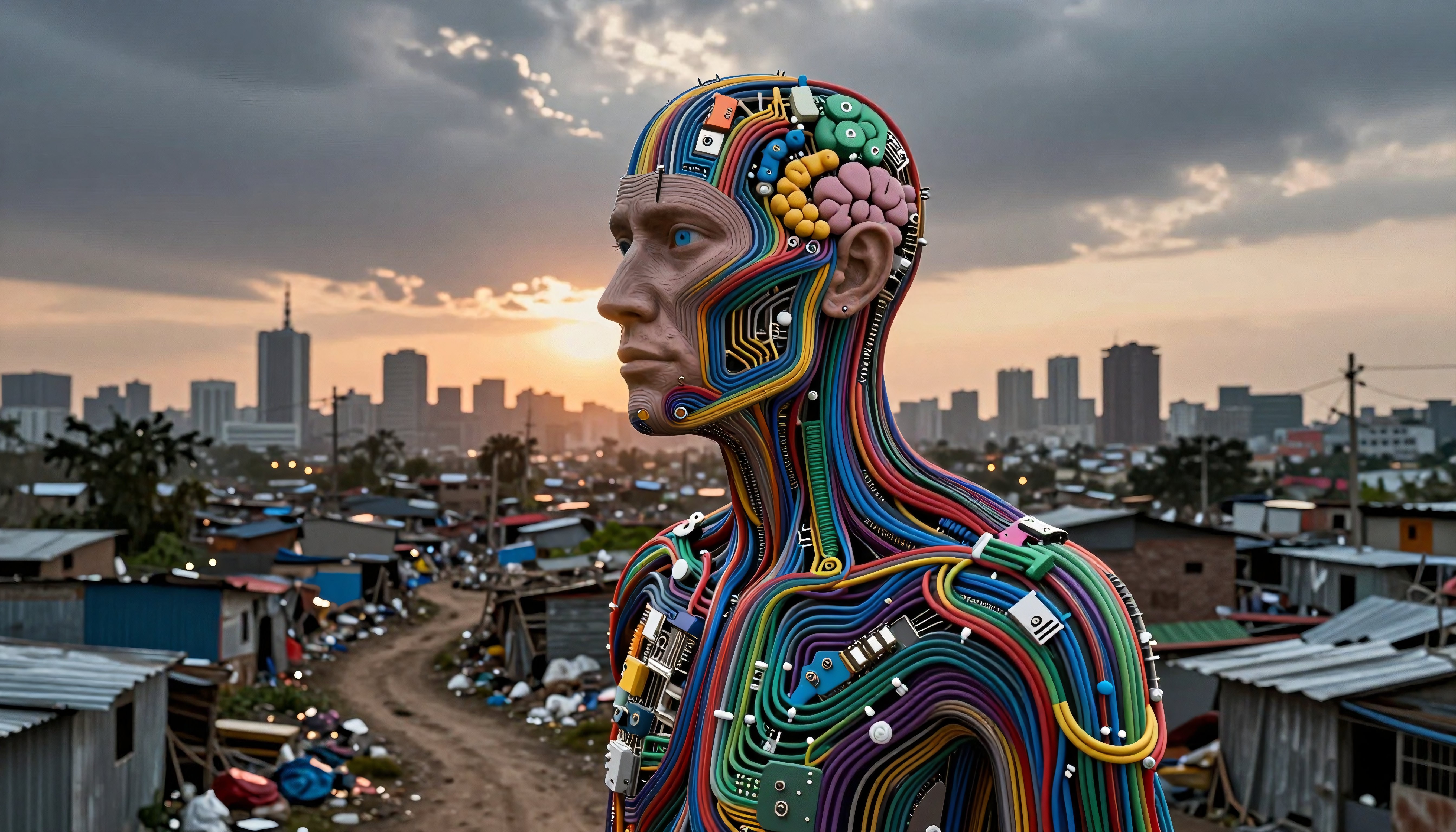 Cybernetic Human Figure Amidst Urban Slum and Skyscraper Sunset
