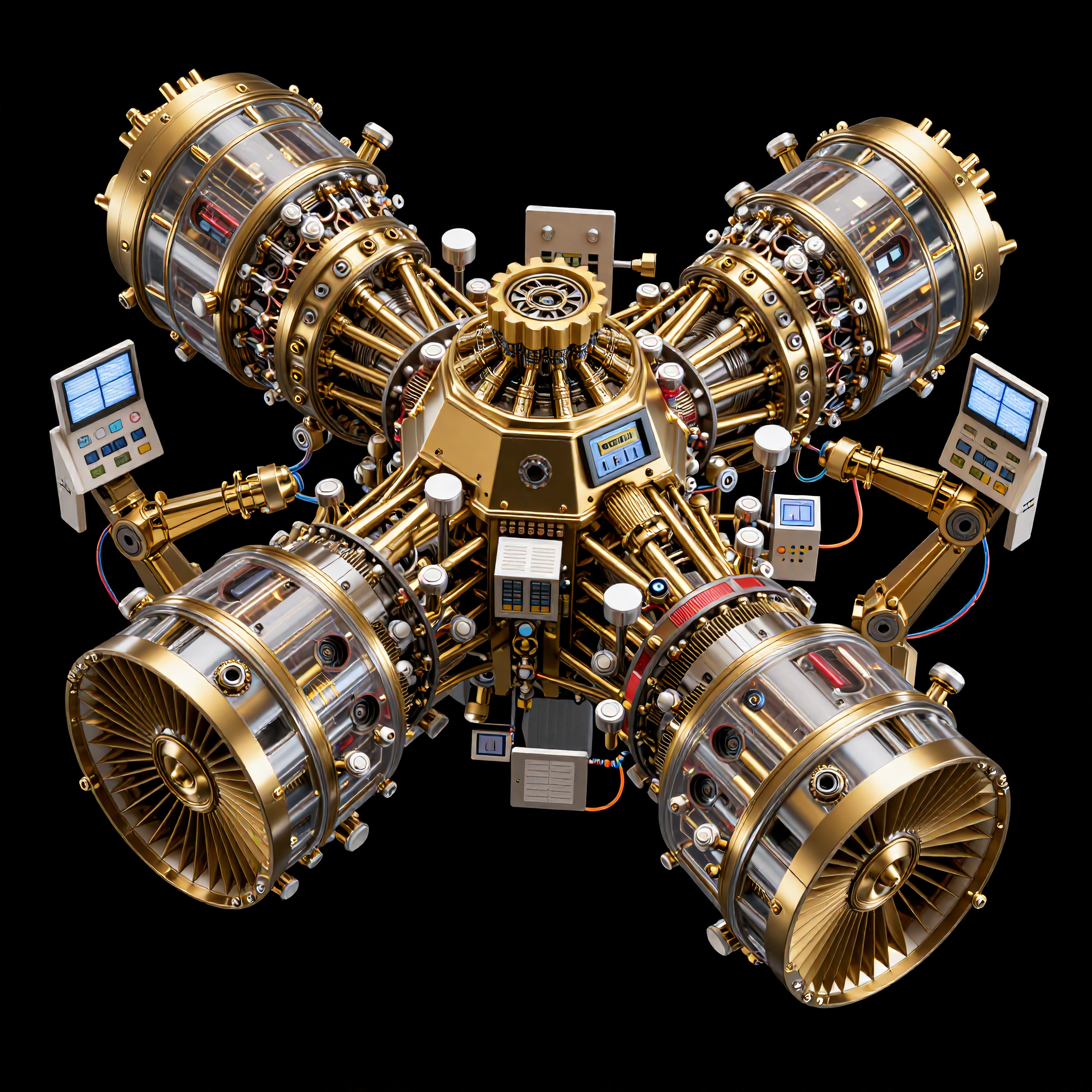 Steampunk Mechanical Engine Array with Gold and Brass Components