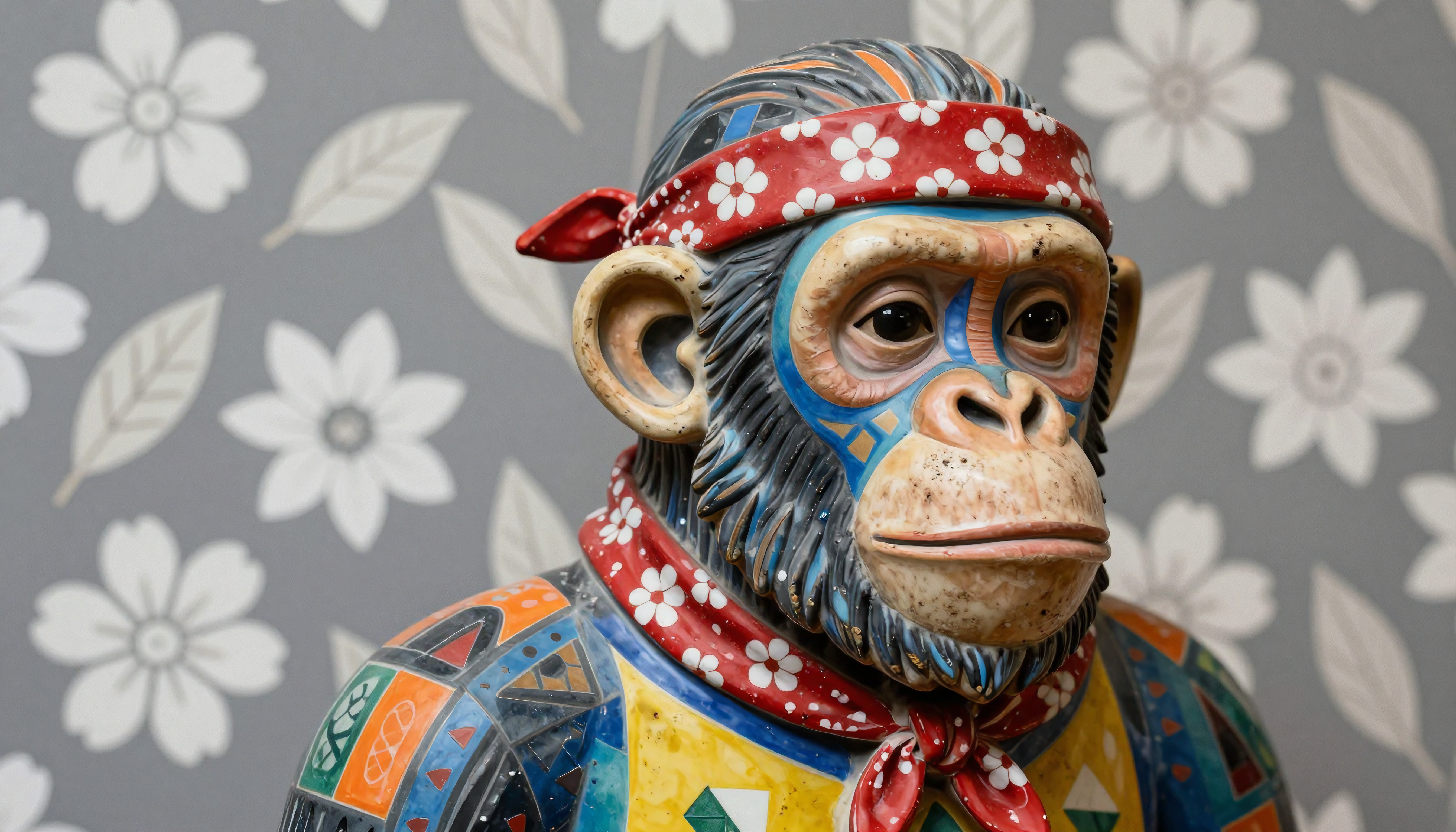 Vibrant Ceramic Monkey Sculpture with Floral Bandana