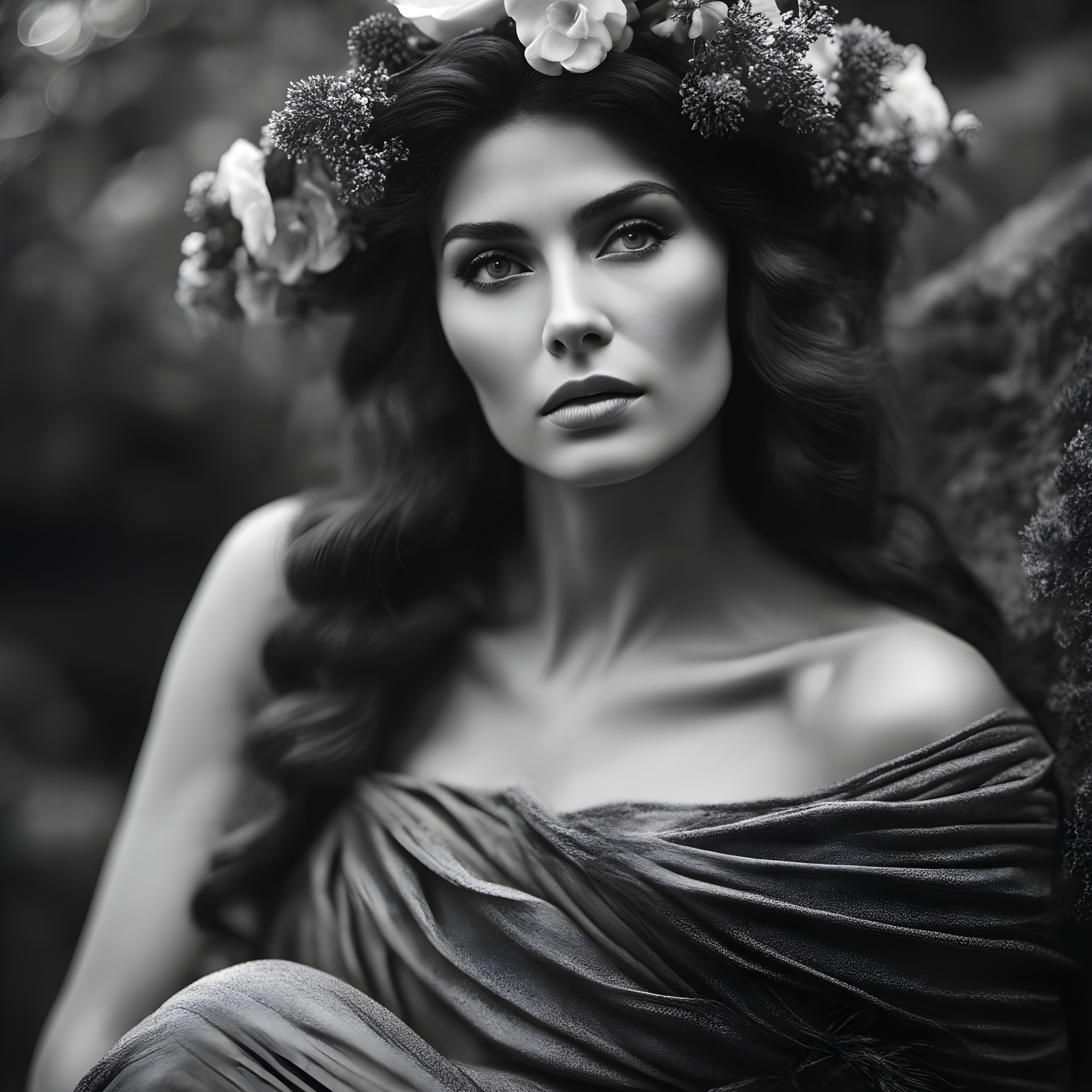 Elegant Black-and-White Portrait of Woman with Floral Crown in Nature