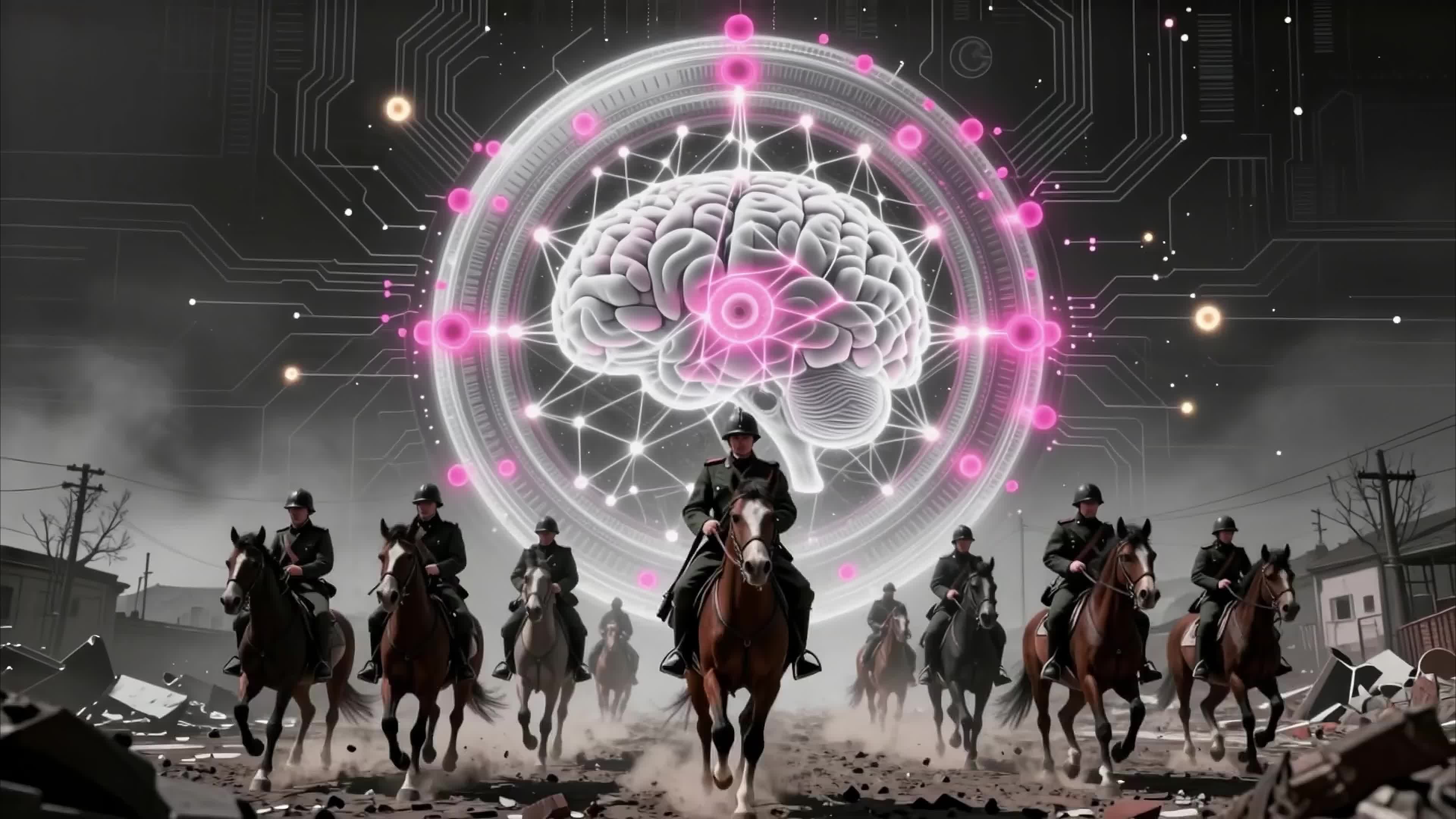4K video of soldiers on horseback charging through ruined cities beneath a giant glowing AI-brain hologram.