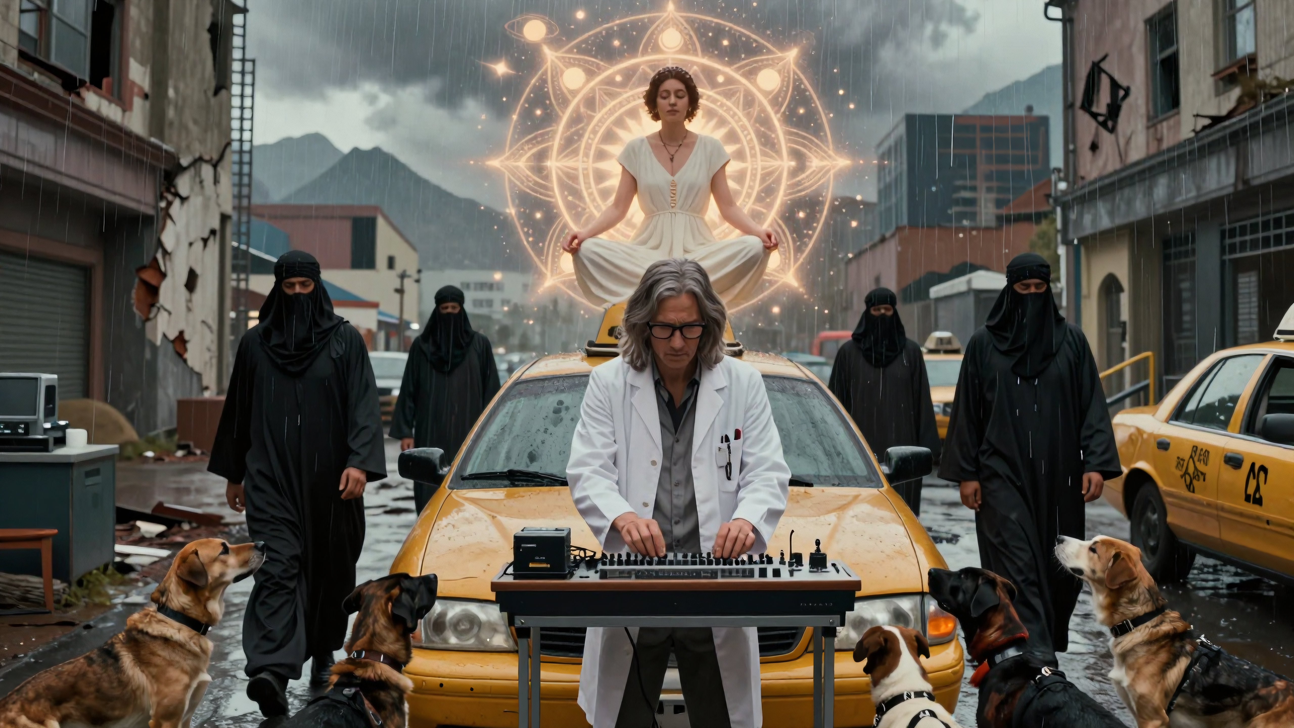 Surreal Rainy Urban Scene with Scientist, Dogs, and Spiritual Figure Over Taxi