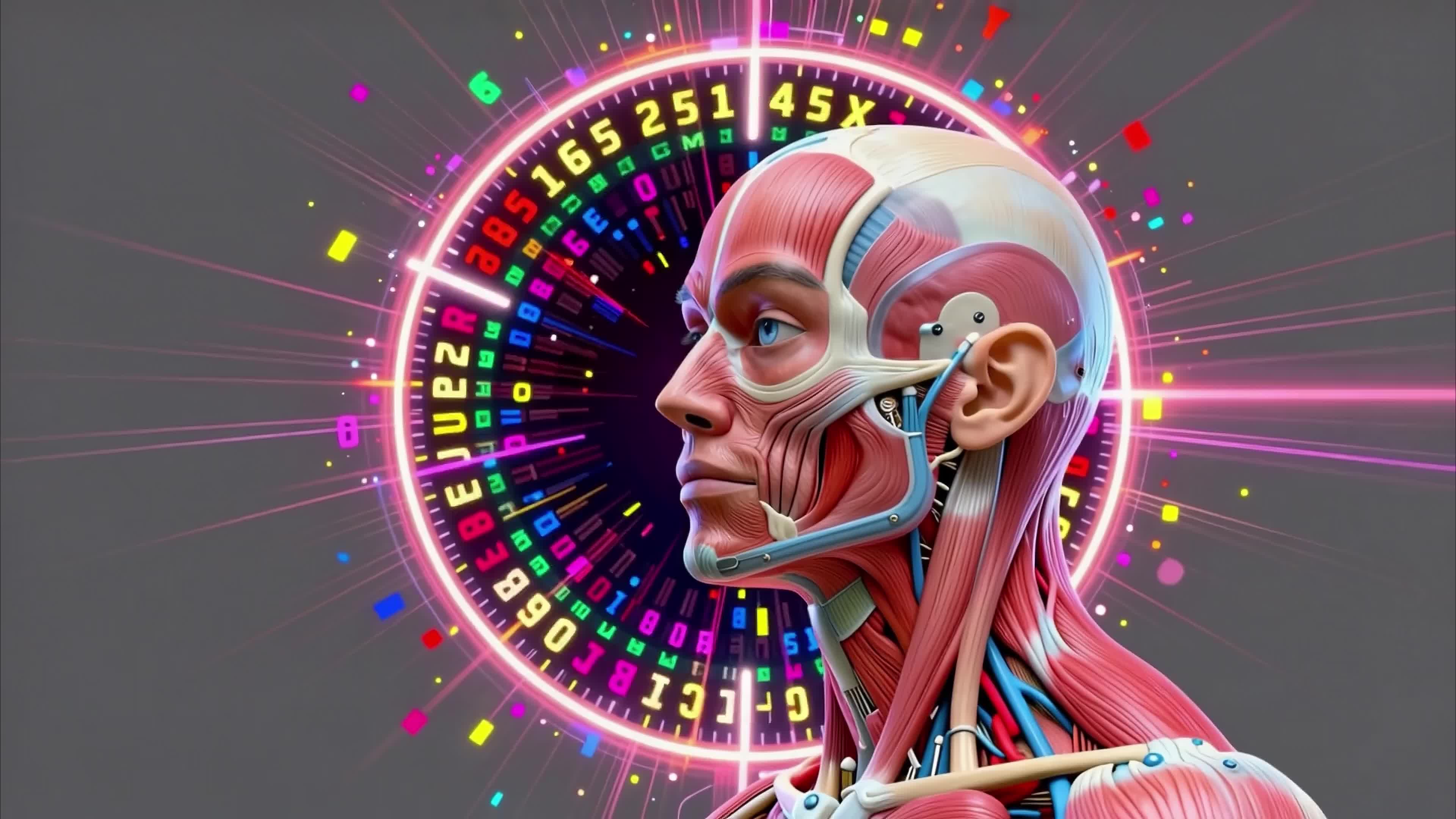 4K video of a cyborg-human portrait amidst glowing futuristic numeric vortex interface