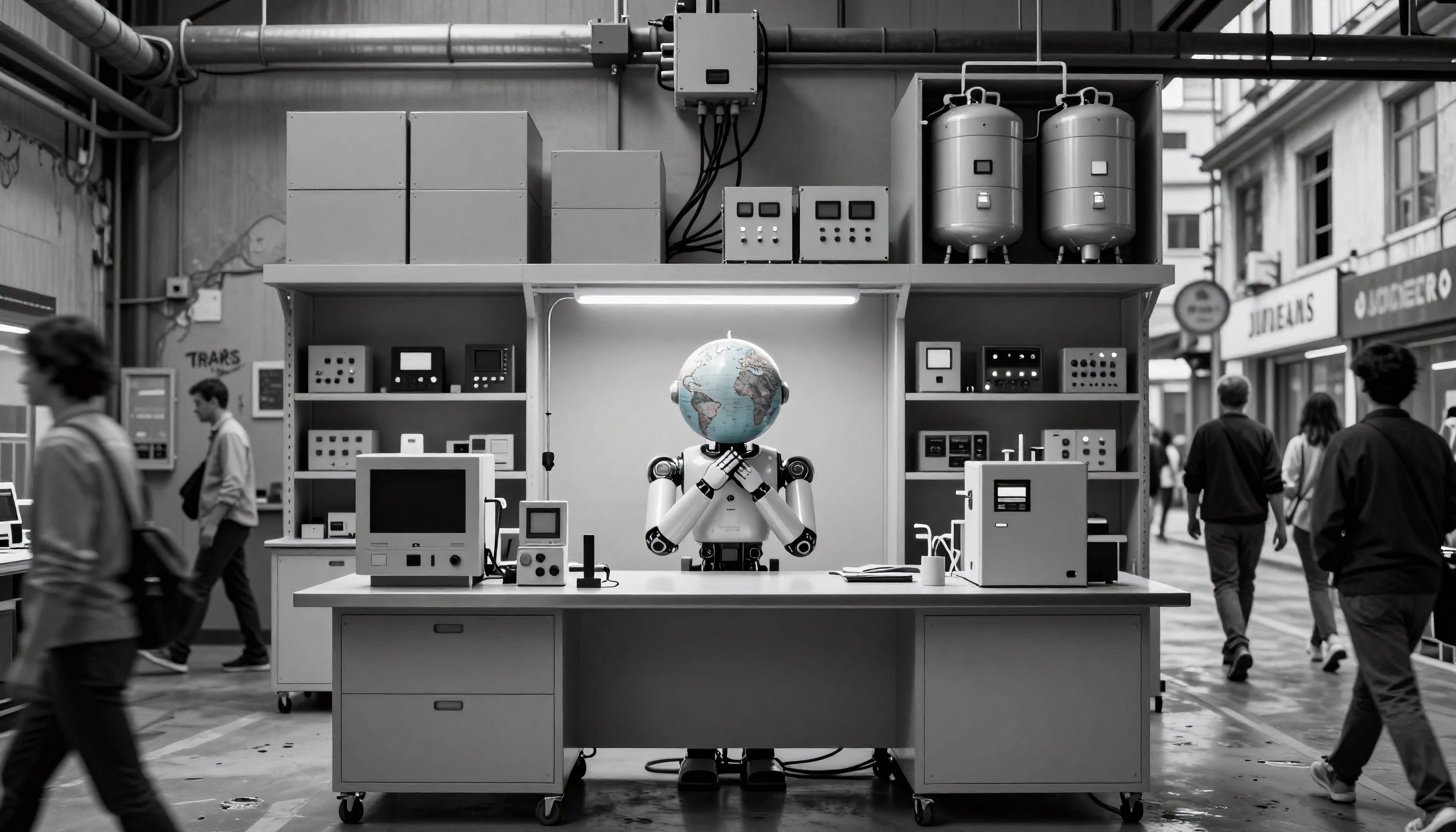 Robot with Globe Head at Industrial Workstation in Urban Setting