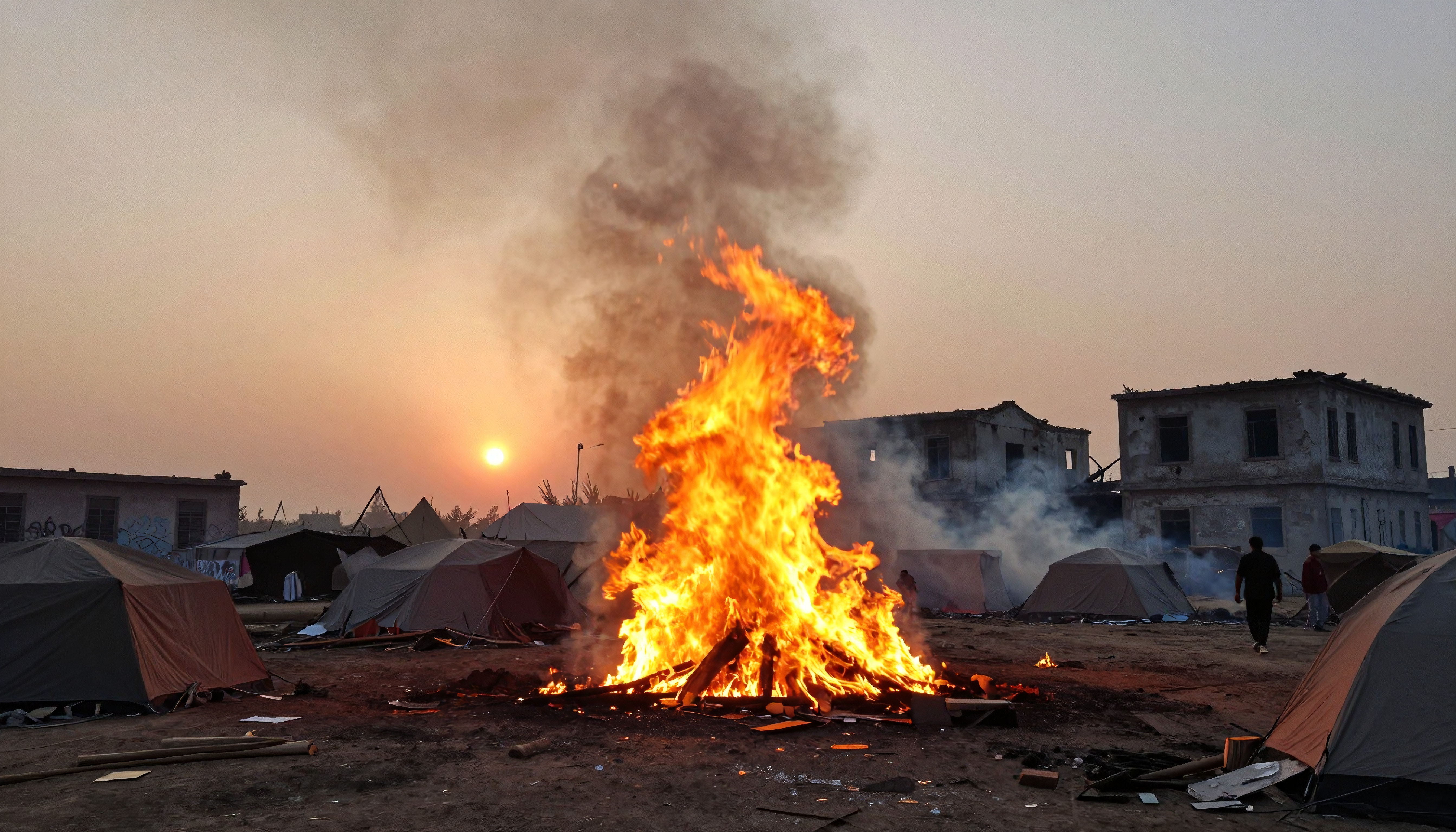Fire in a Refugee Camp at Dusk