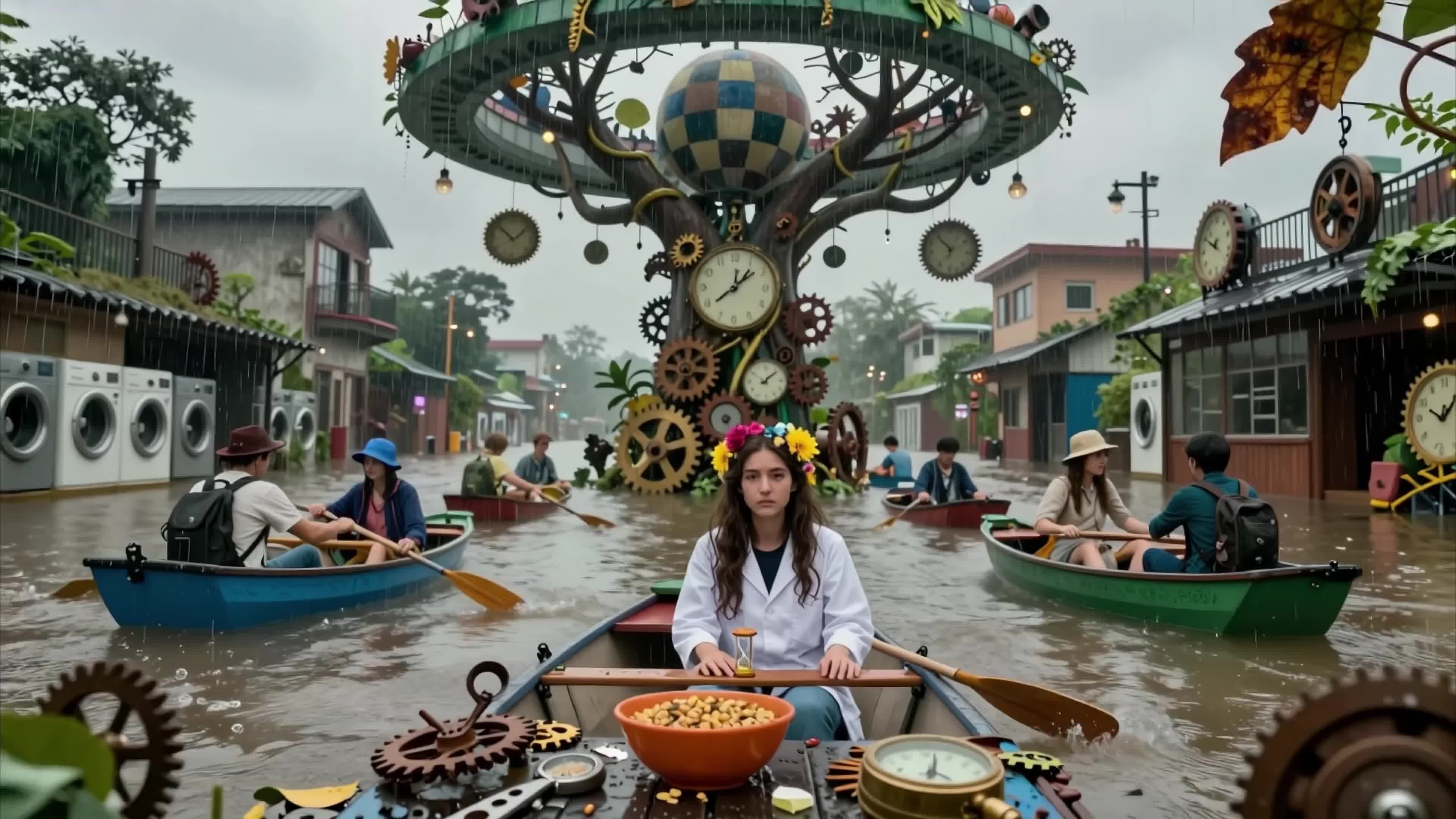 Flora-crowned scientist amid rainy steampunk canoe alleyway filled with giant clocks and gears, 4K video.