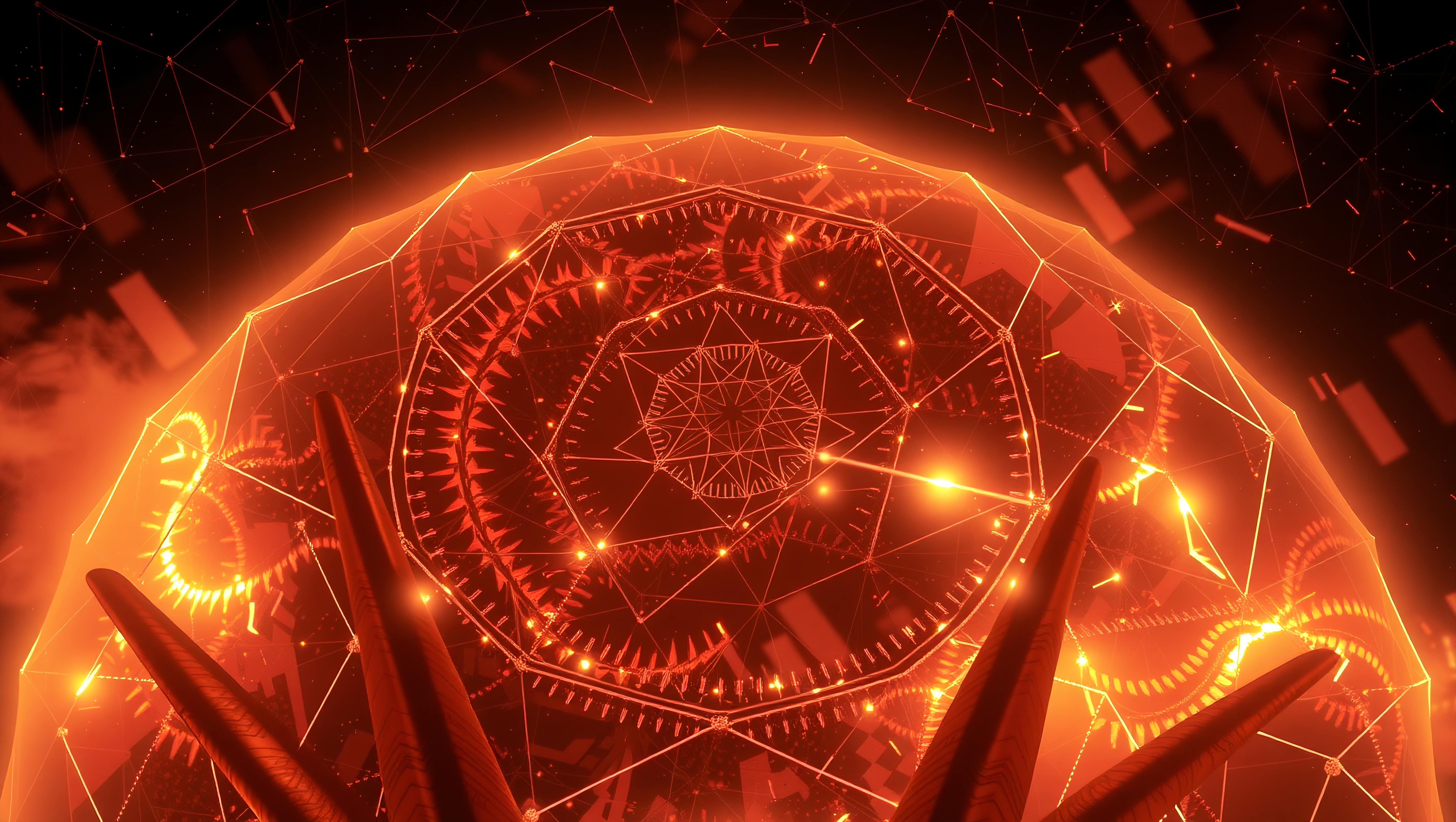 Futuristic Geometric Sphere with Red and Orange Glow
