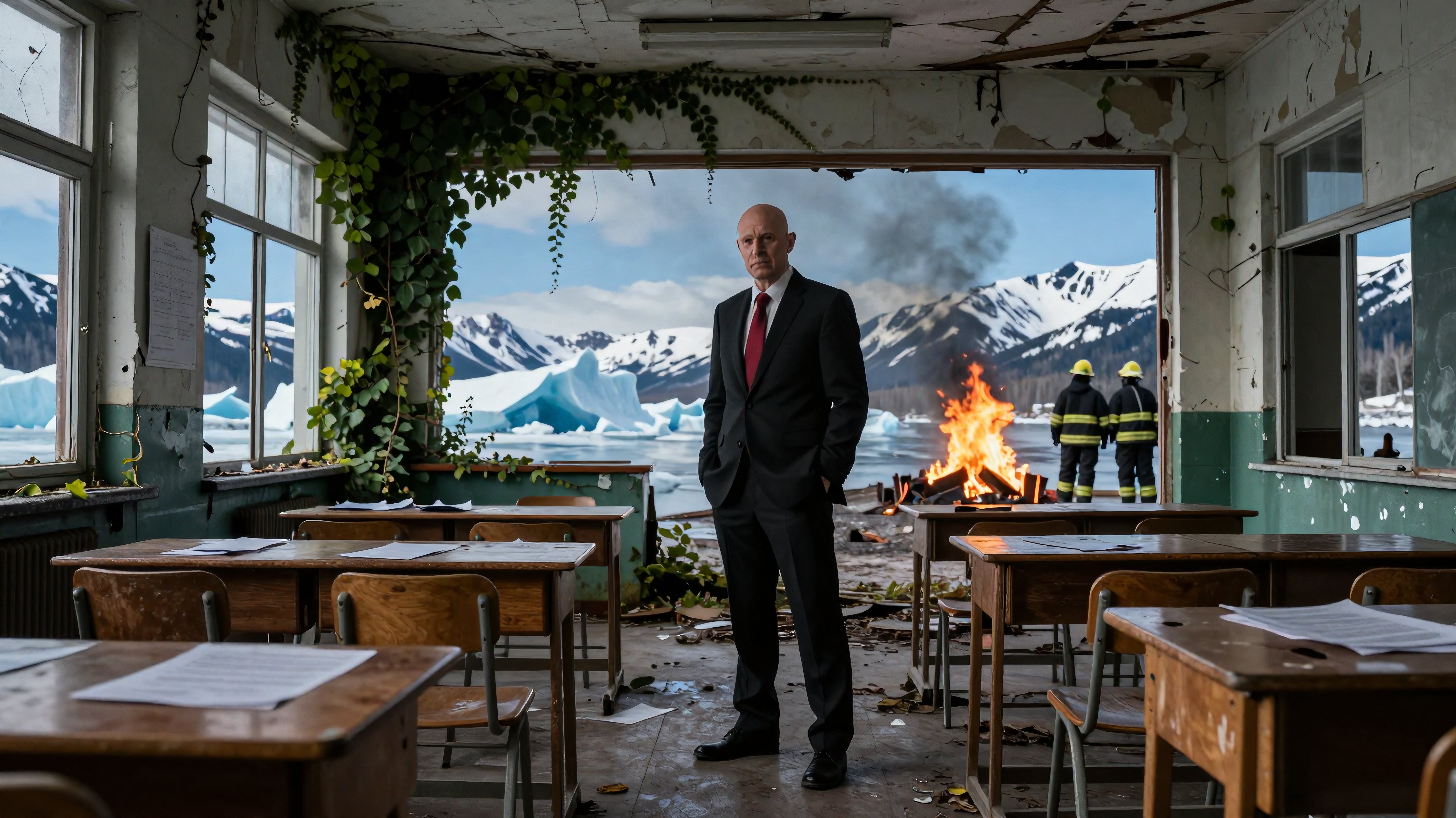 Man in Suit in Abandoned Classroom with Glacial Landscape and Fire