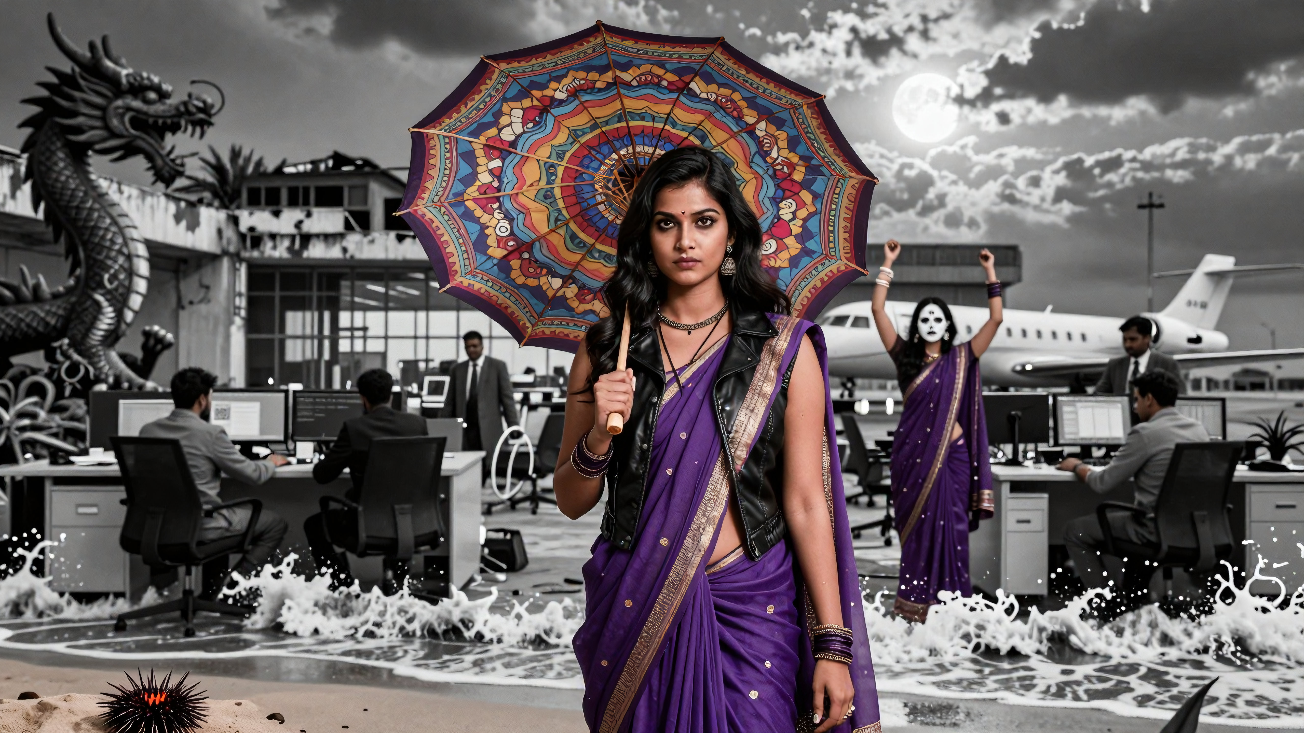 Surreal Office Scene with Traditional Indian Woman Holding Colorful Umbrella