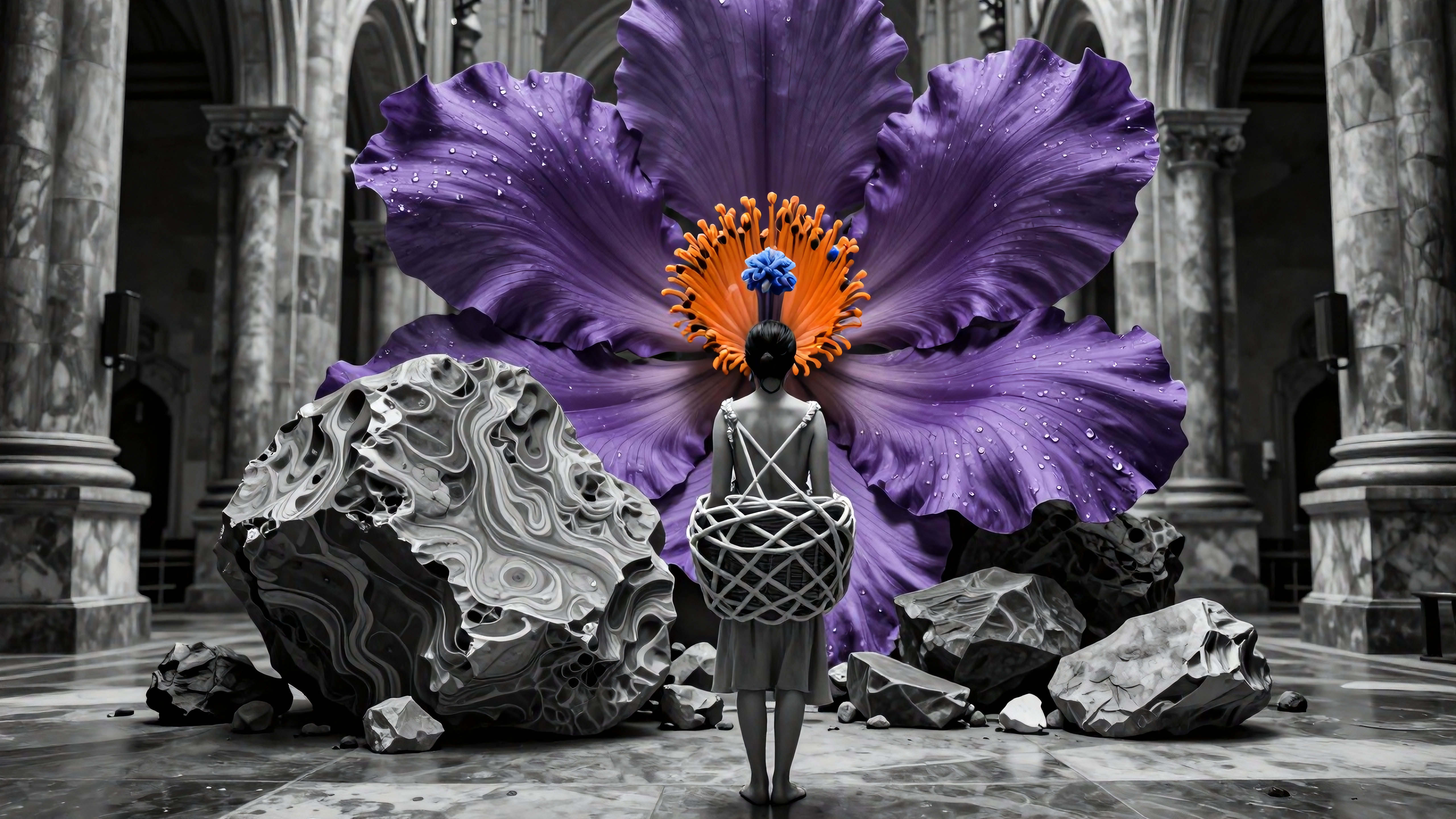 Silhouetted Figure with Basket Before Giant Purple Flower in Cathedral