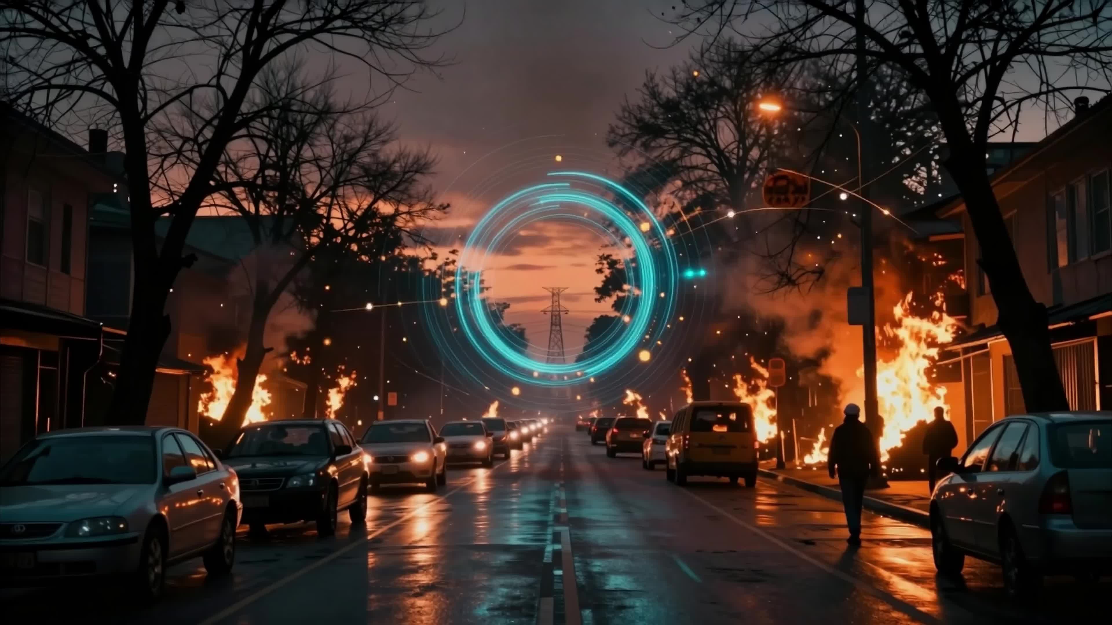 4K video of a burning city with glowing alien portal emitting electric-blue energy amid chaotic traffic and flames.