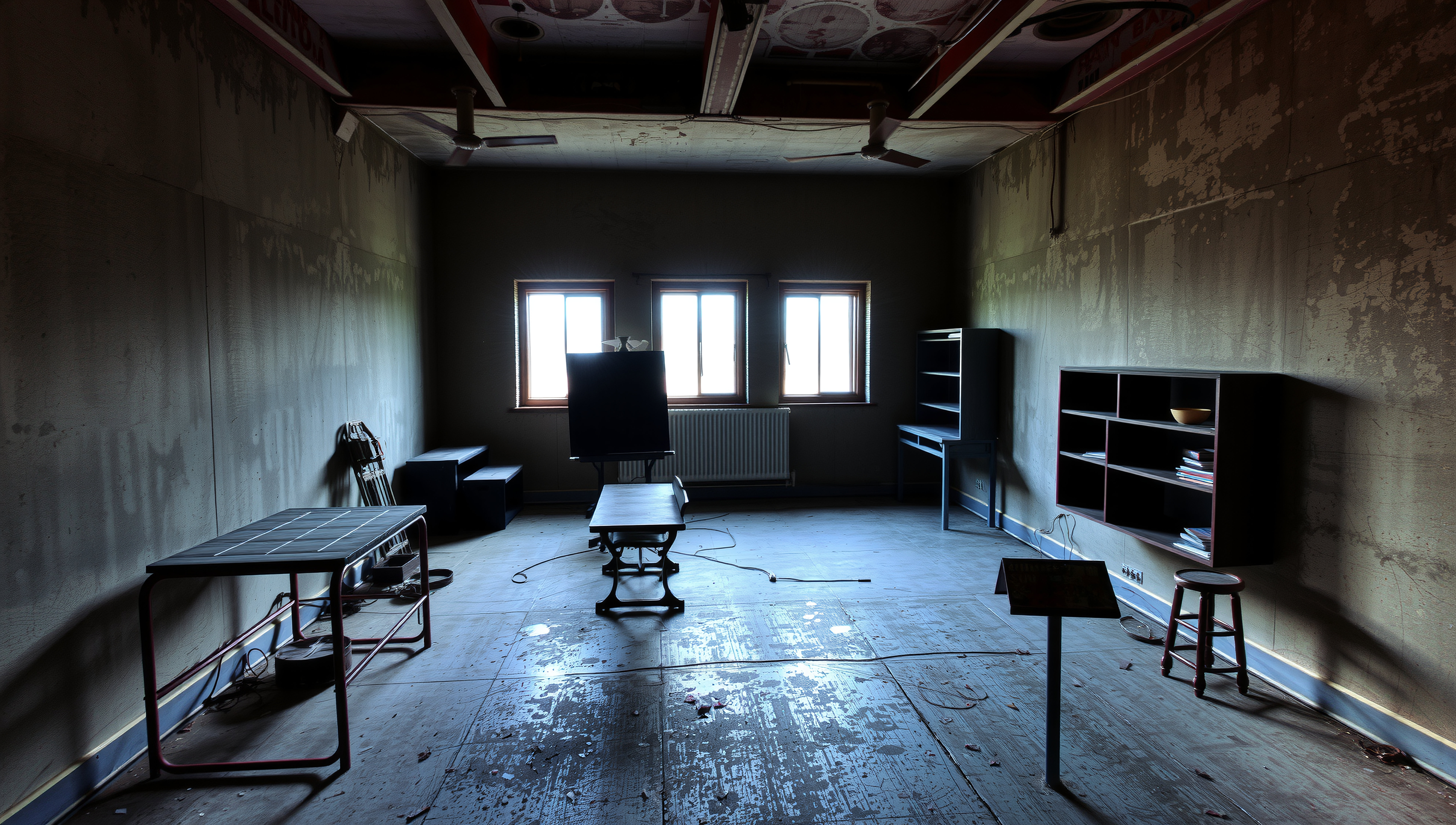 Abandoned Industrial Room with Peeling Walls and Sunlit Windows