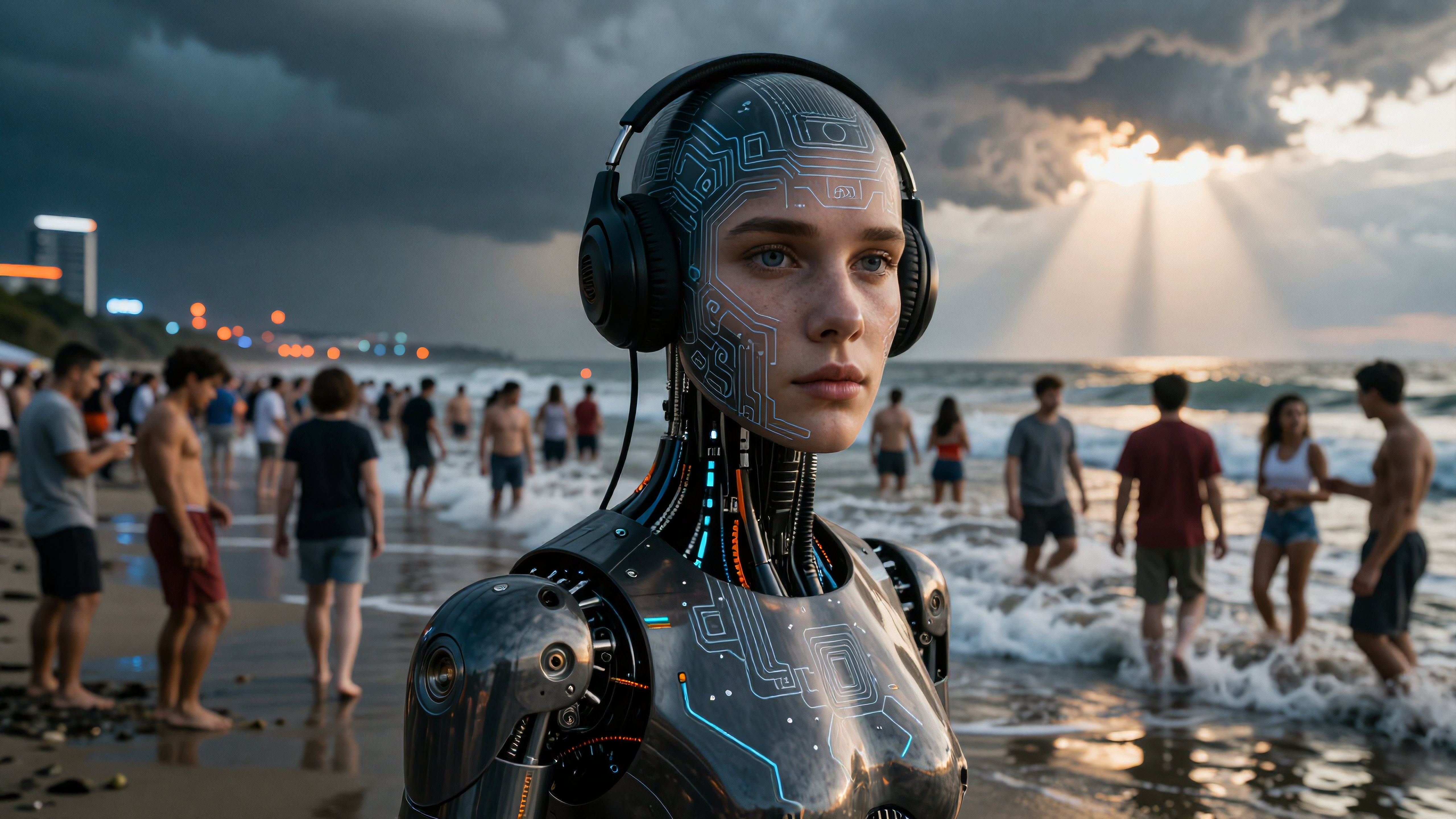 Cybernetic Humanoid Robot with Headphones at Sunset Beach
