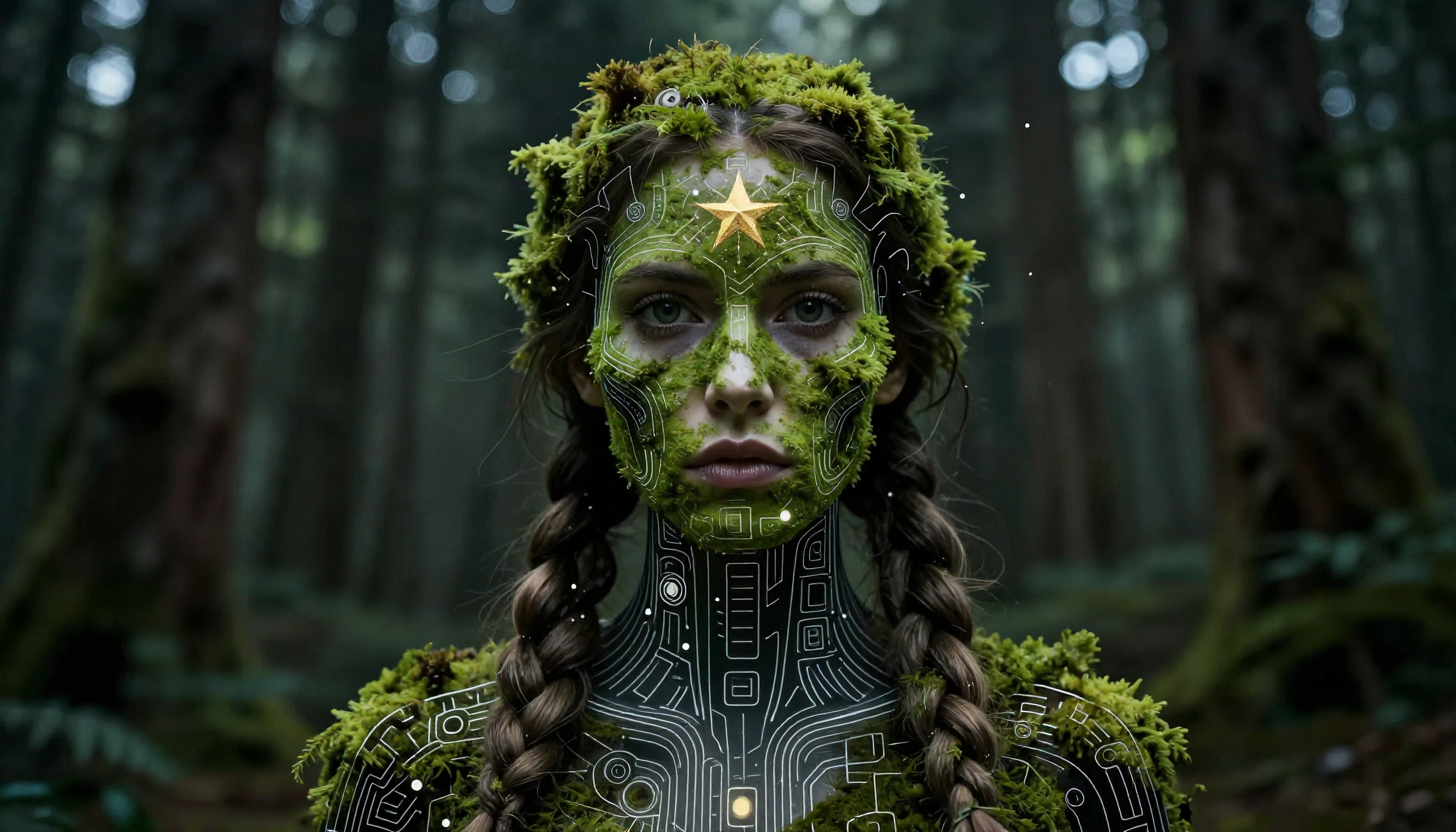Moss and Circuit Fusion: Forest Guardian Portrait