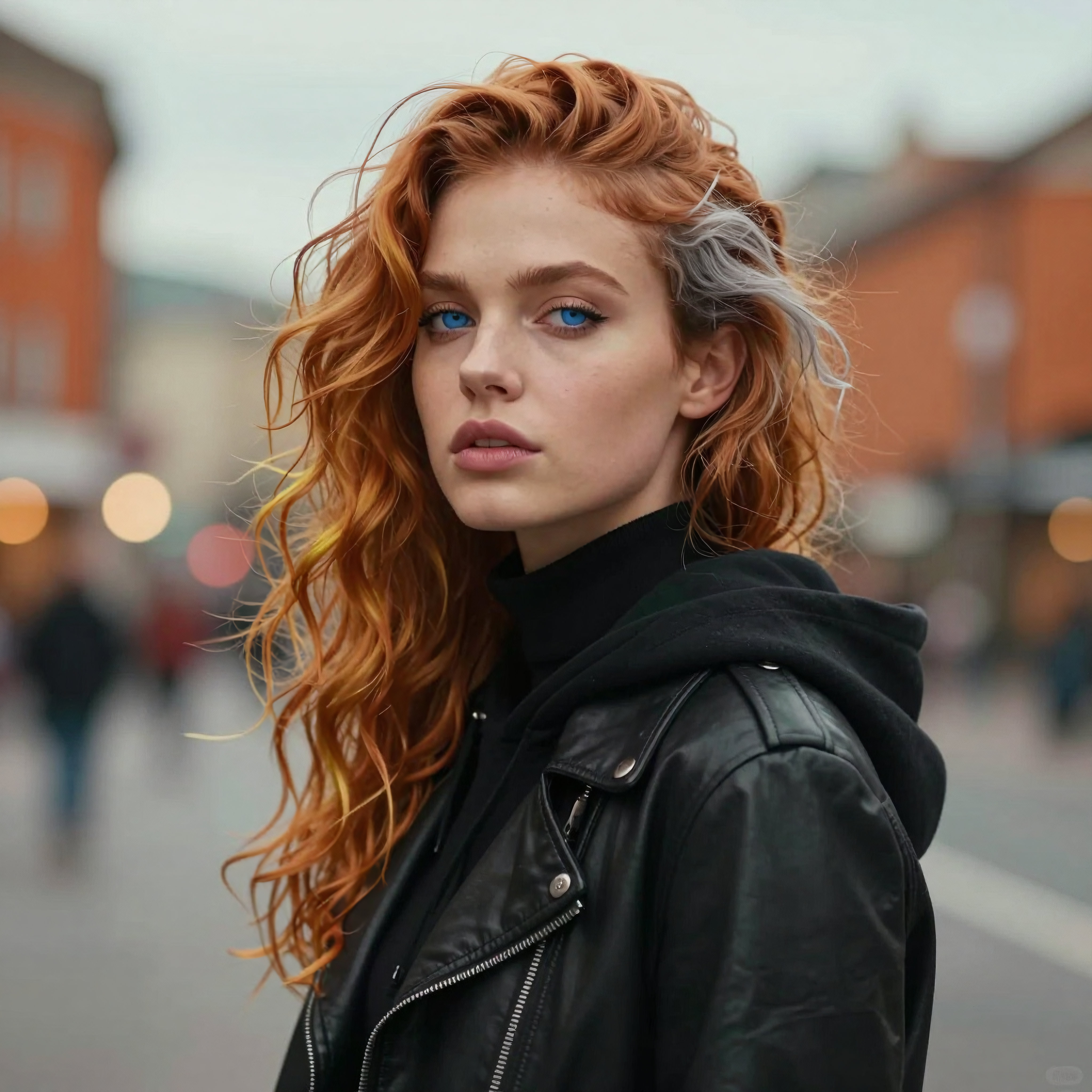 Red-Haired Woman with Blue Eyes in Urban Street Scene