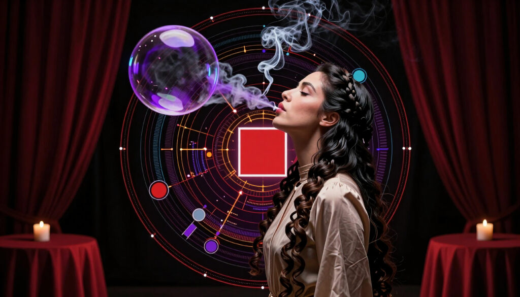 Mystical Woman Blowing Glowing Bubble with Digital Portal Background