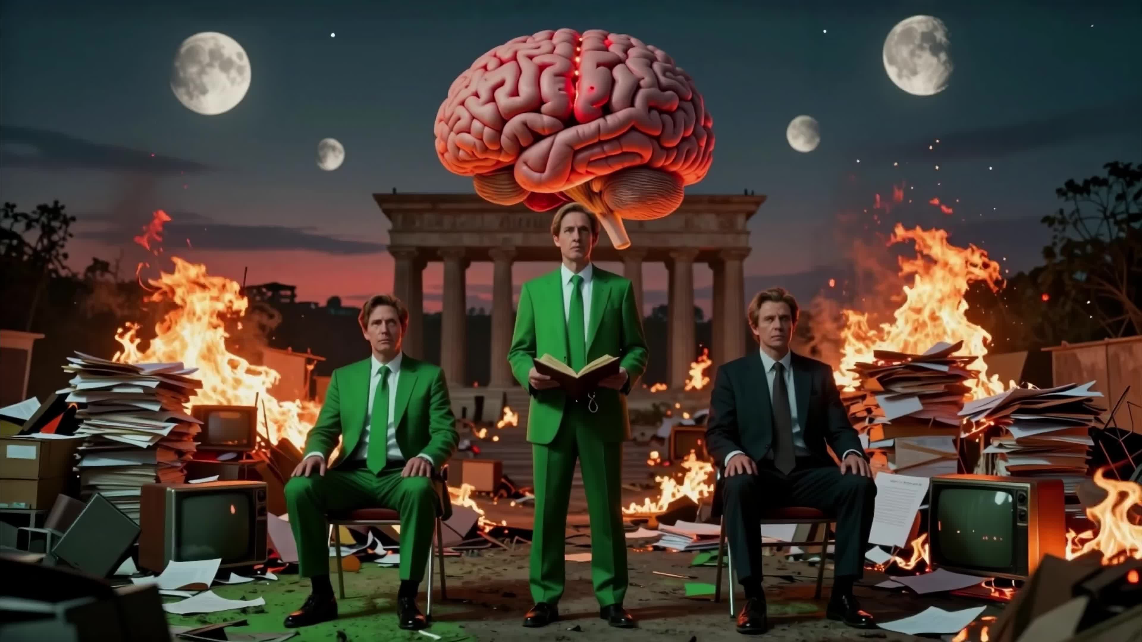 4K video of men in green suits standing beneath a massive glowing brain amidst burning books during a surreal lunar night apocalypse.
