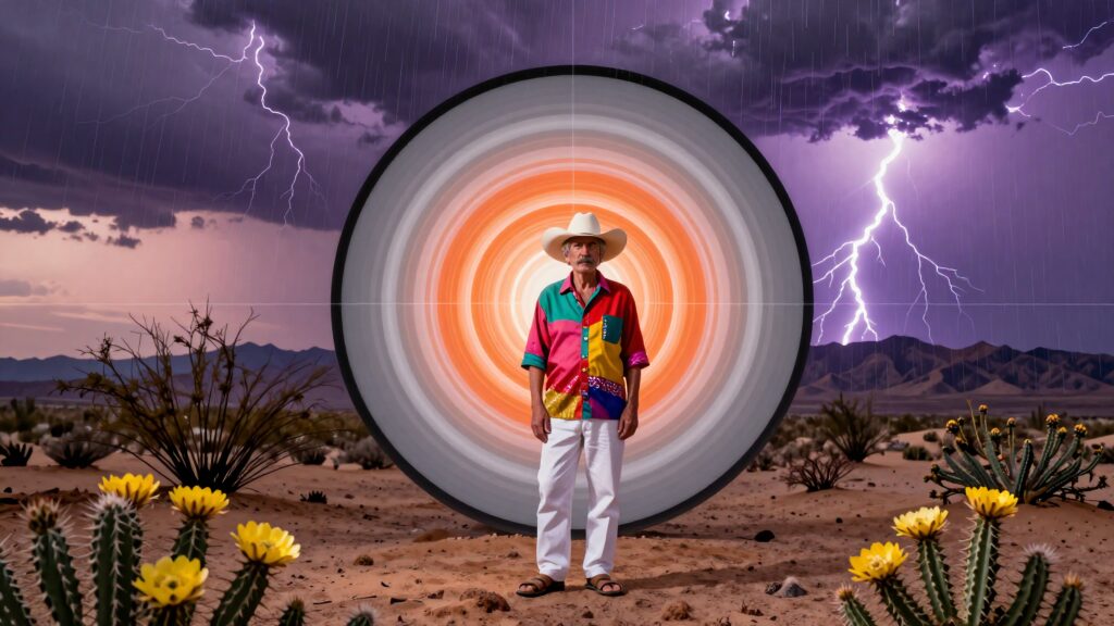 Cowboy Standing Before Vibrant Swirling Portal in Desert Storm Scene
