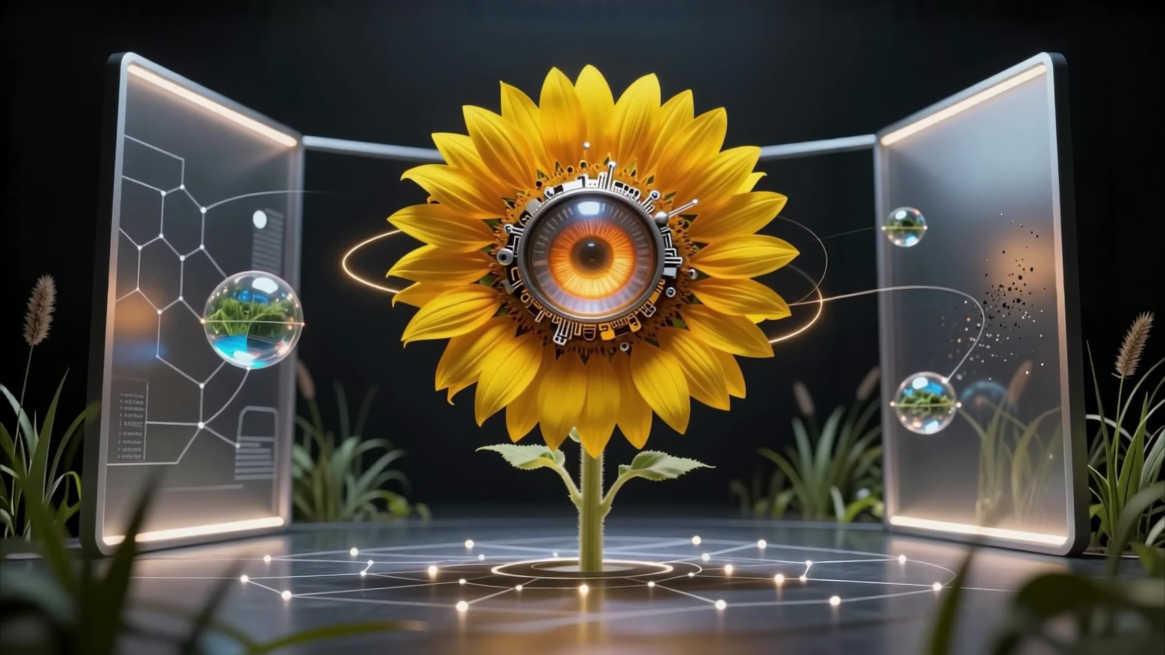 Futuristic sunflower with cybernetic eye displayed in hi-tech lab surrounded by holograms and ambient lights, 4K video.