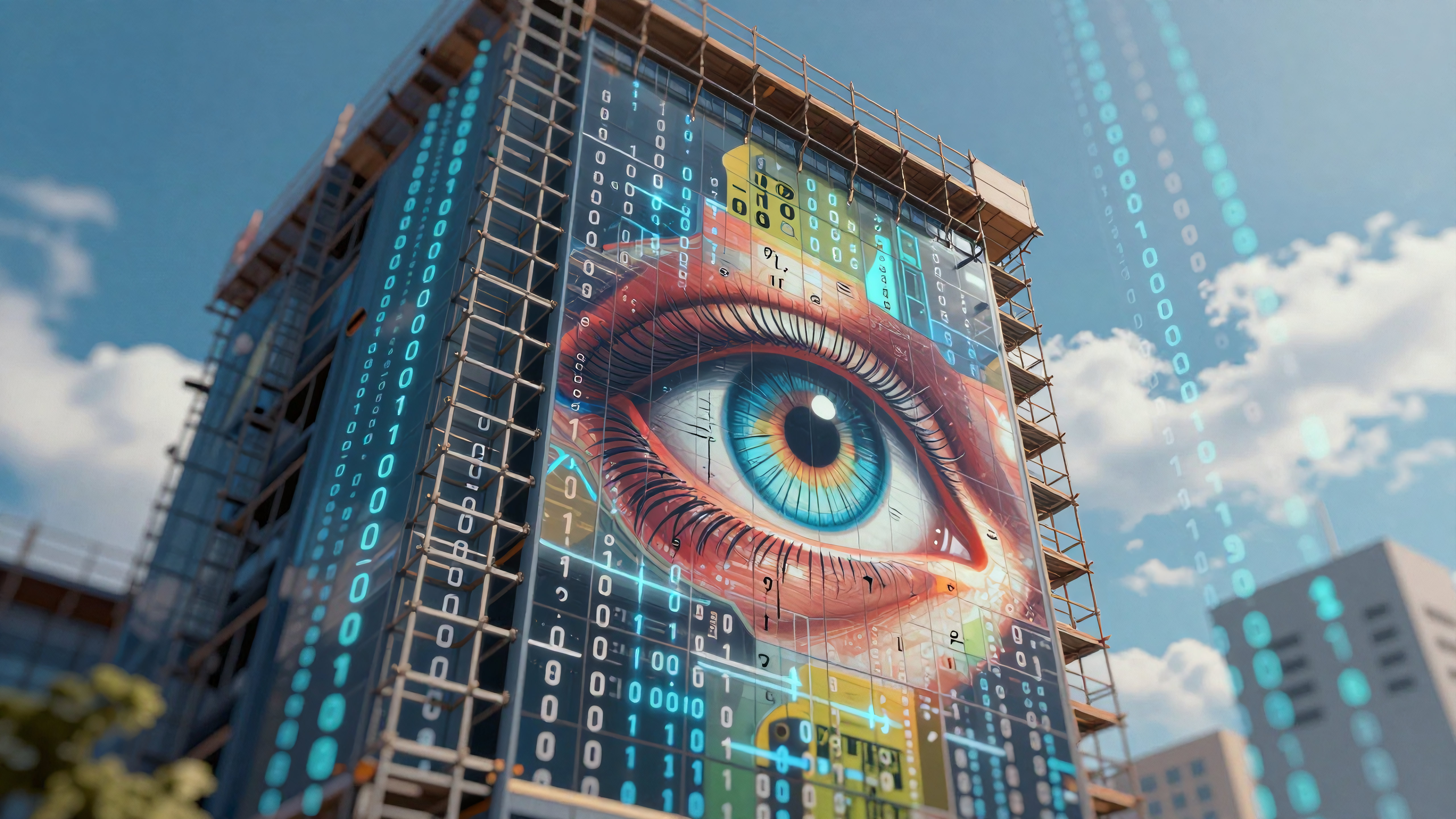 Digital Surveillance Building with Binary Eye Graphic on Urban Skyscraper