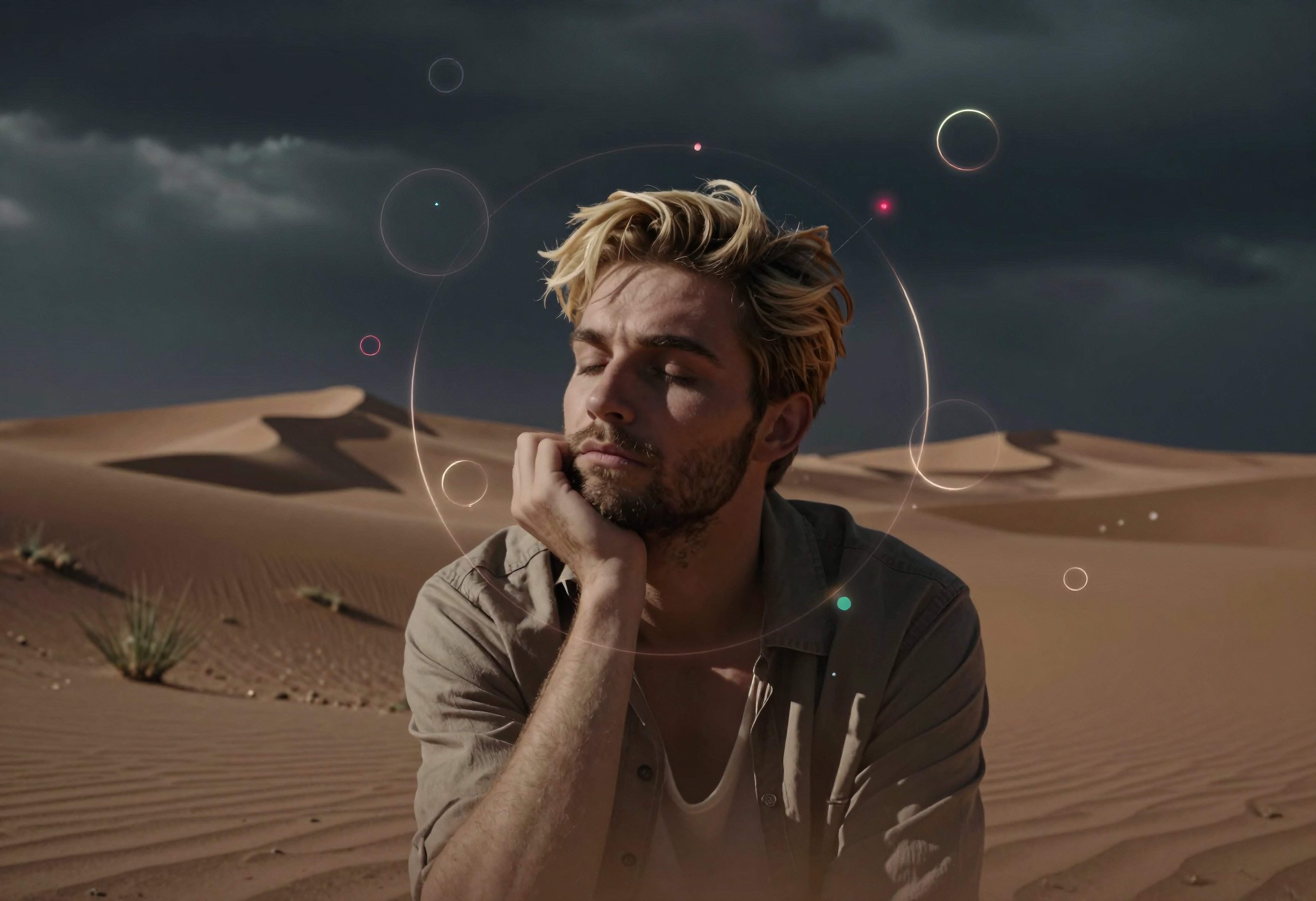 Contemplative Man in Desert with Ethereal Light Effects