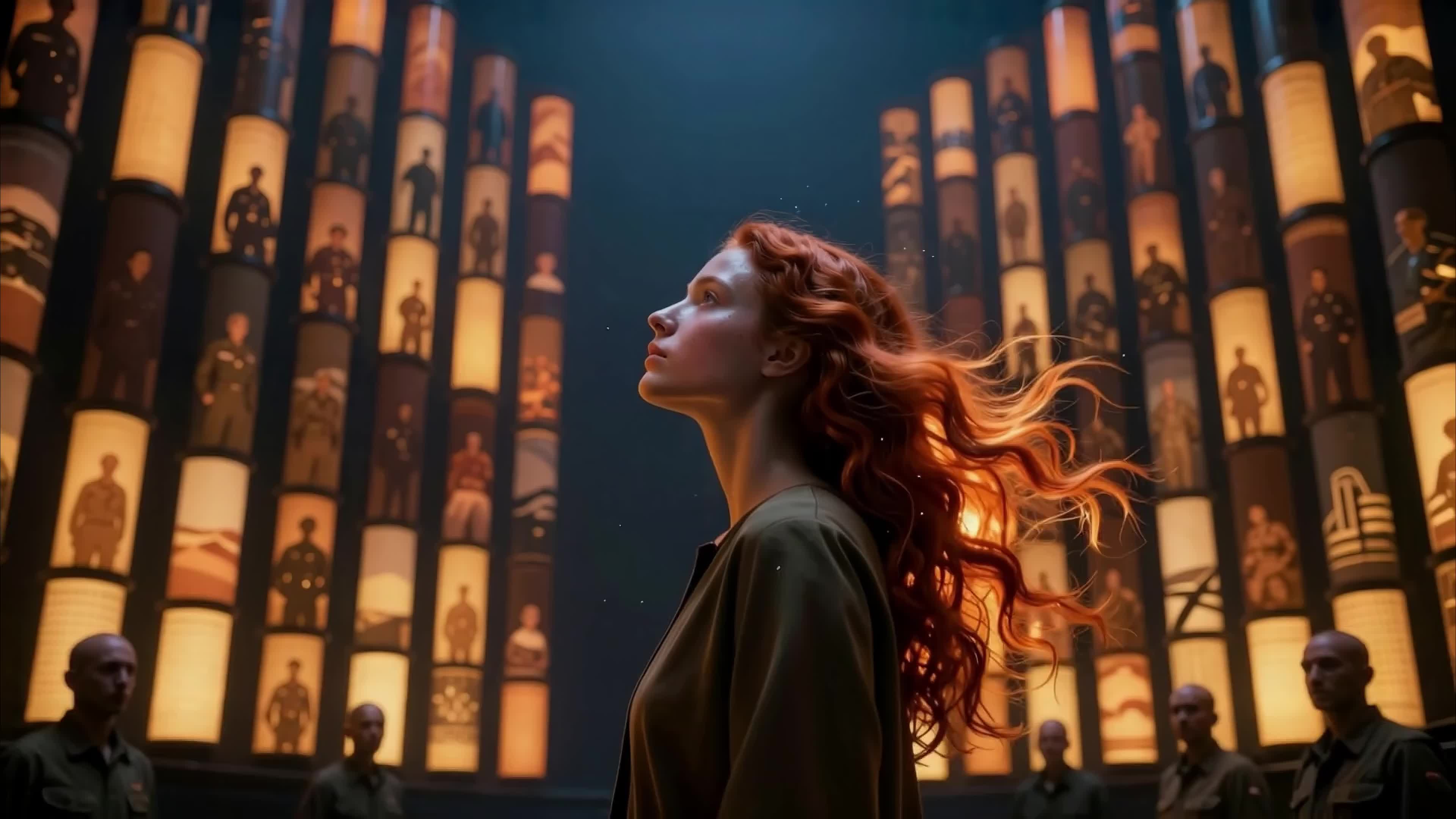 4K video of a fiery-haired heroine standing amid glowing historical portrait columns in cinematic fantasy setting.