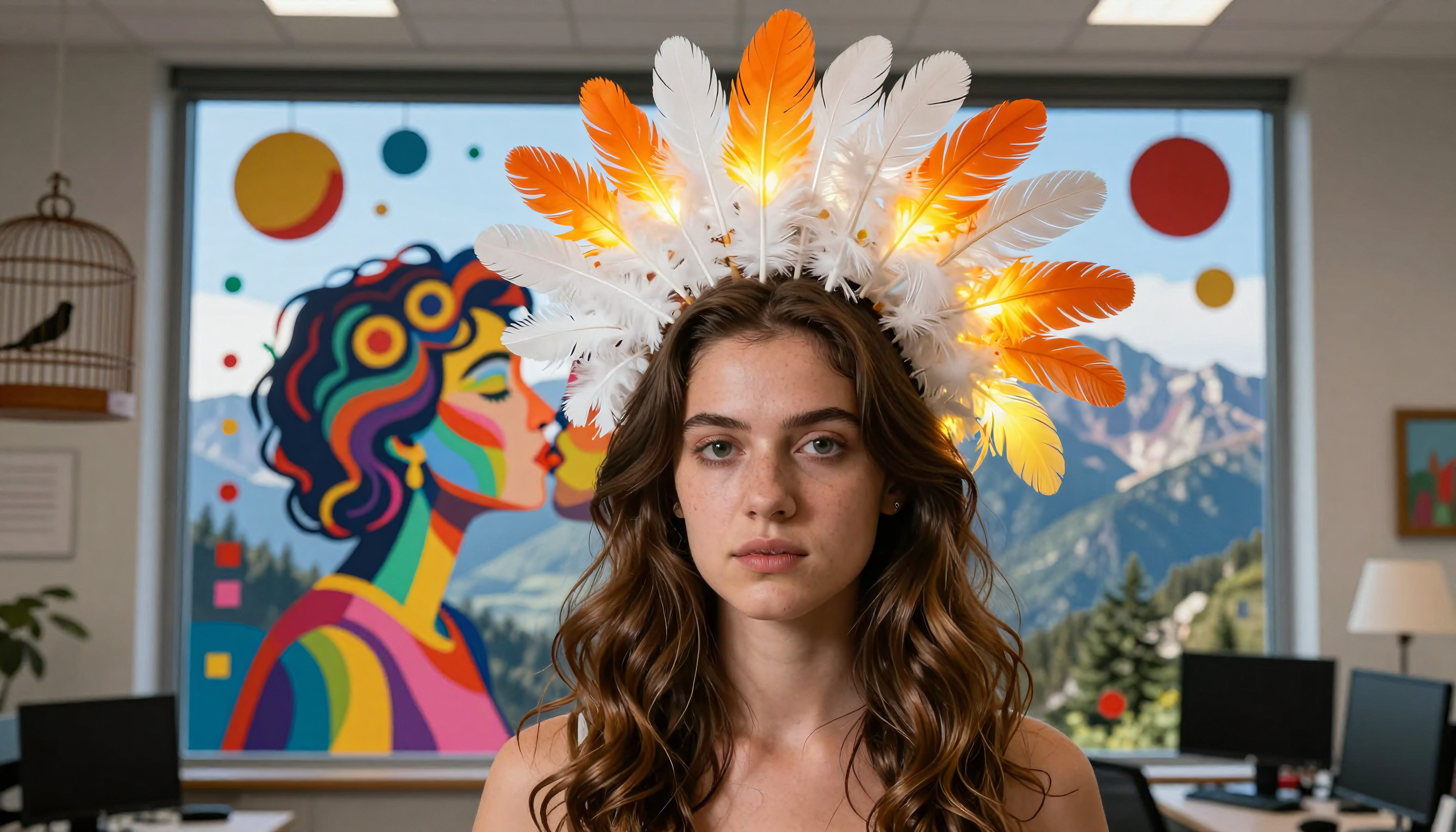 Young Woman with Statement Headpiece in Modern Office Setting