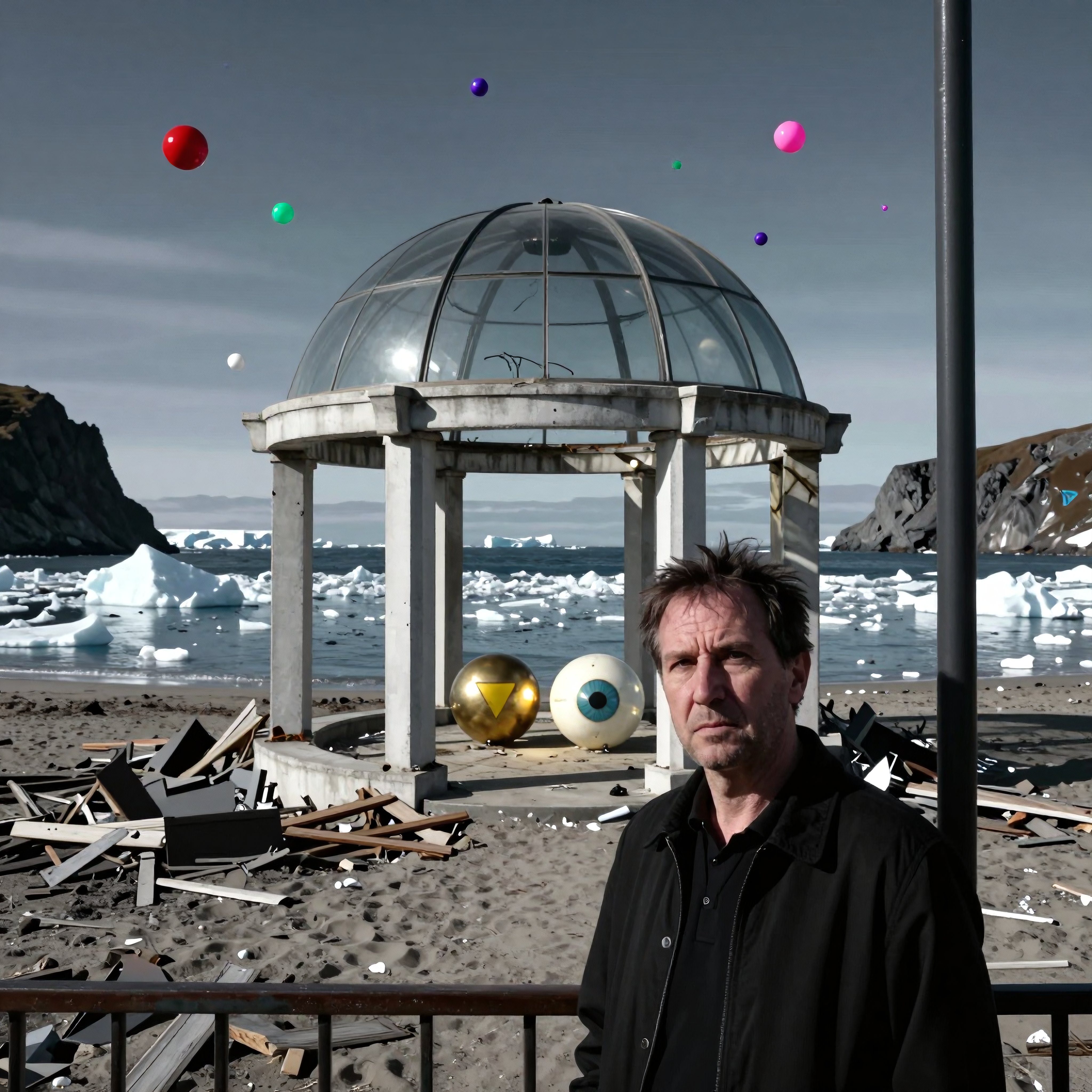 Surreal Coastal Dome Structure with Floating Spheres and Desolate Beach