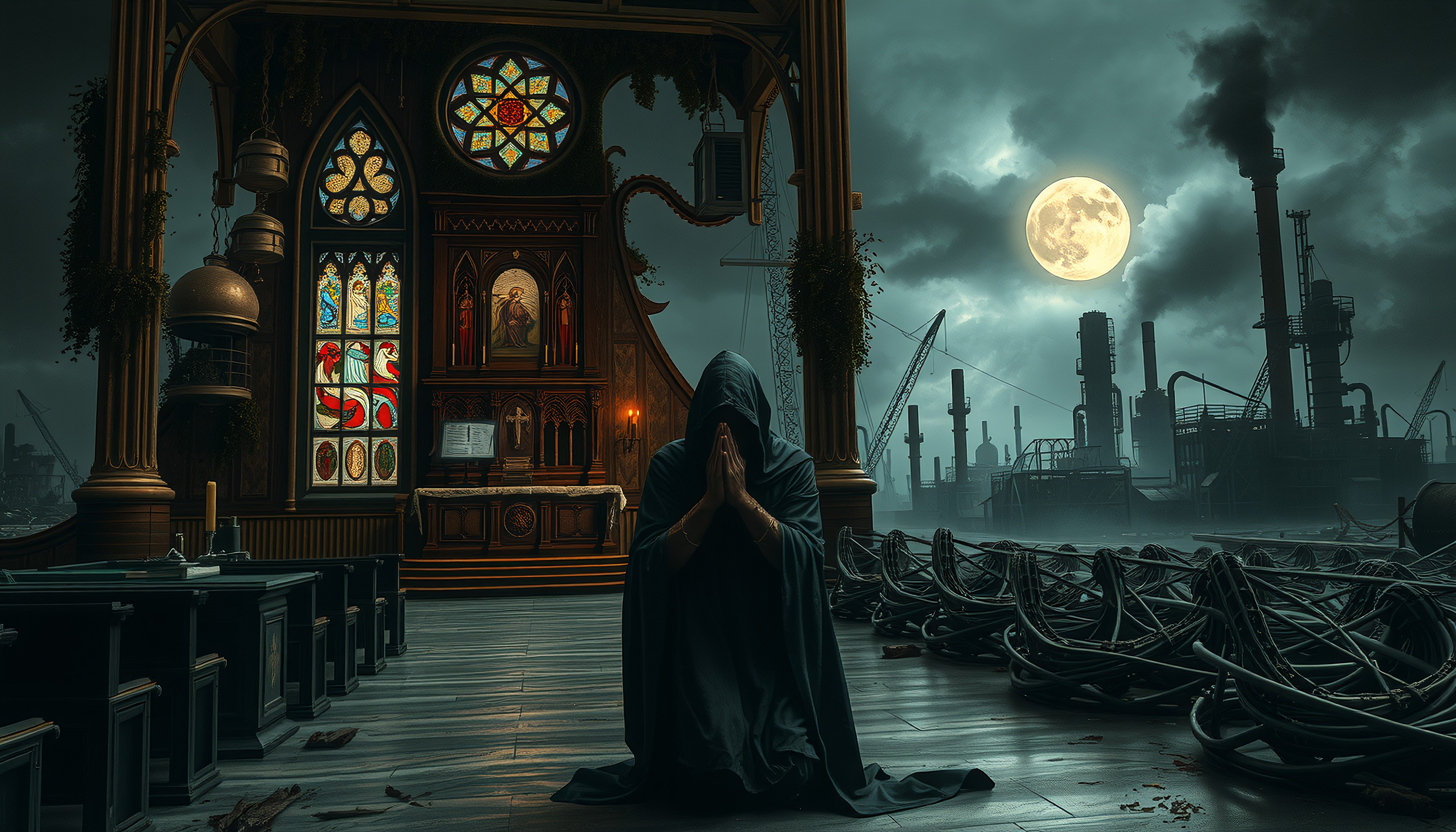 Hooded Figure Praying in Gothic Church Amid Industrial Landscape Under Full Moon