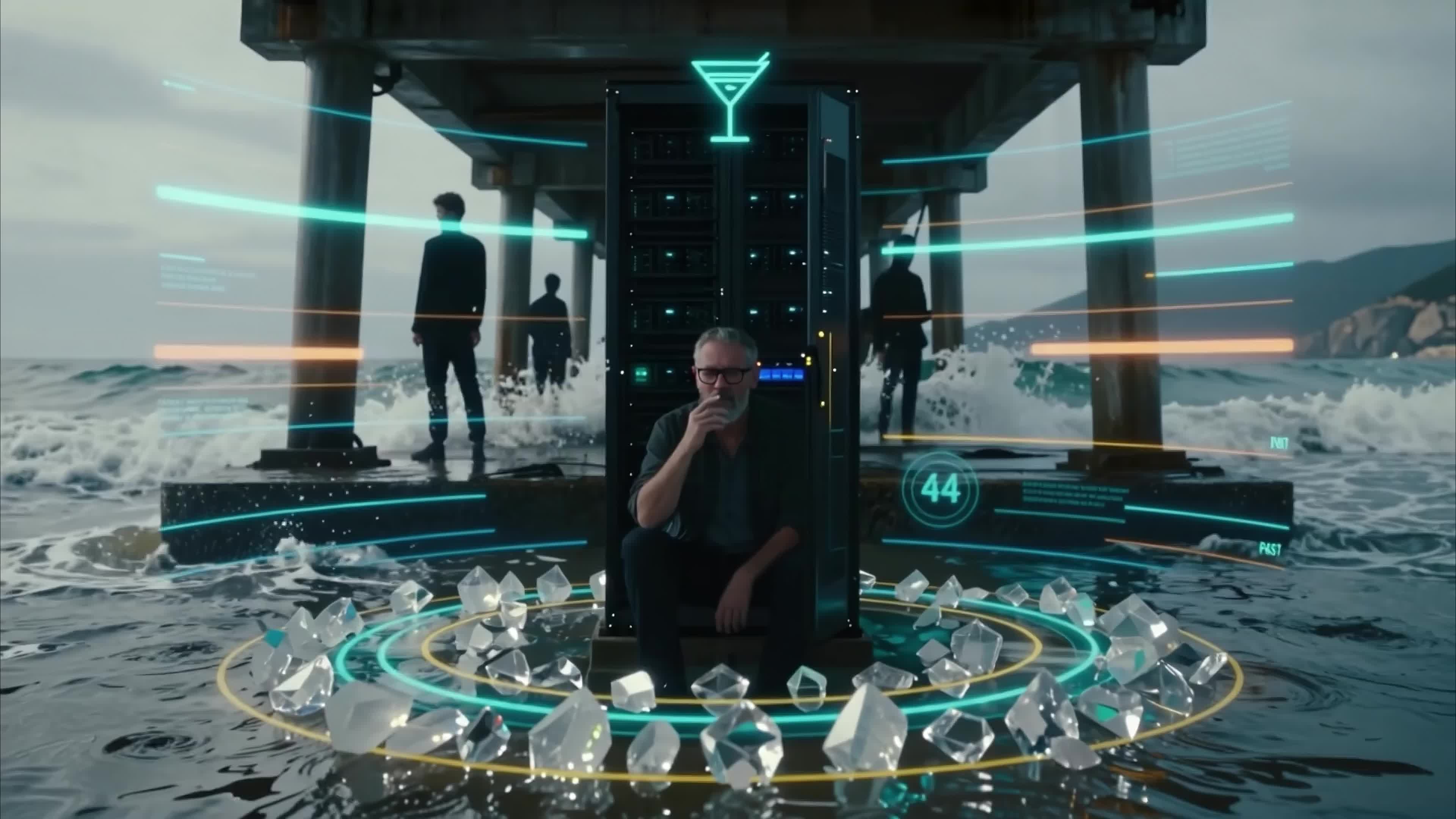 Futuristic men navigating crystal-laden digital nexus beneath stormy sea pier, 4K video.