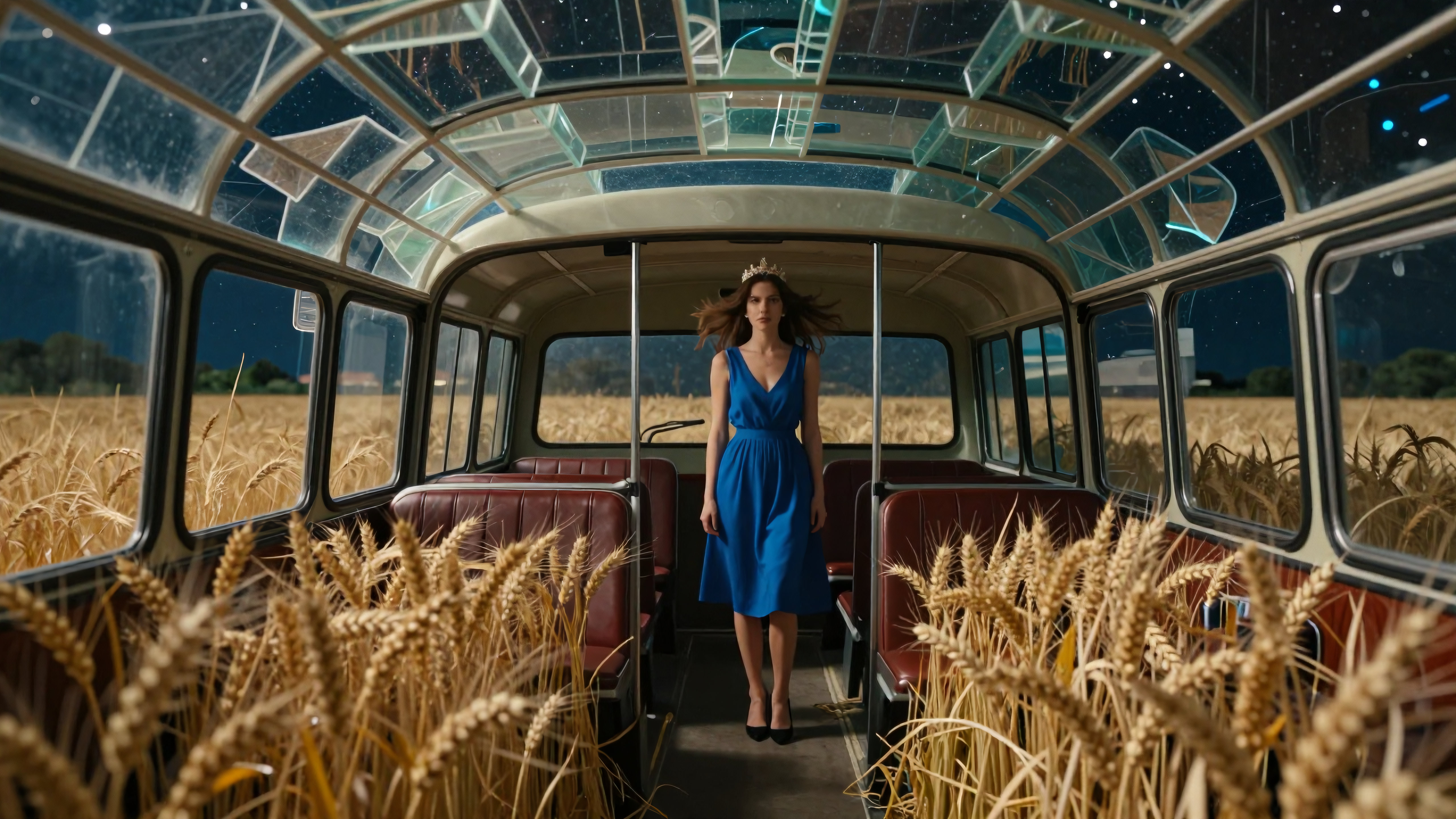 Vintage Bus Interior with Crowned Woman in Blue Dress Amidst Golden Wheat Fields at Night