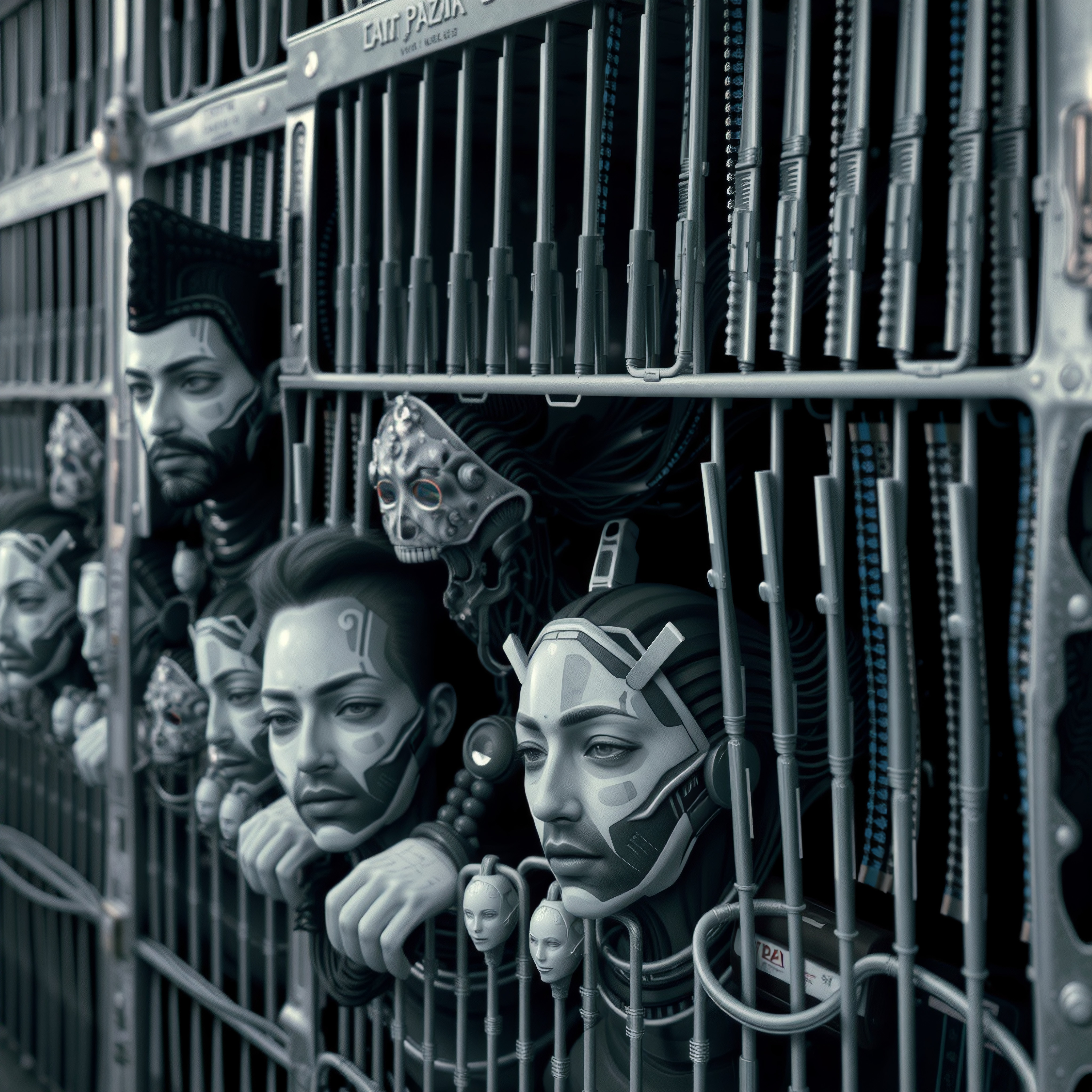 Collection of Masked Faces: Surreal Portrait Behind Industrial Bars