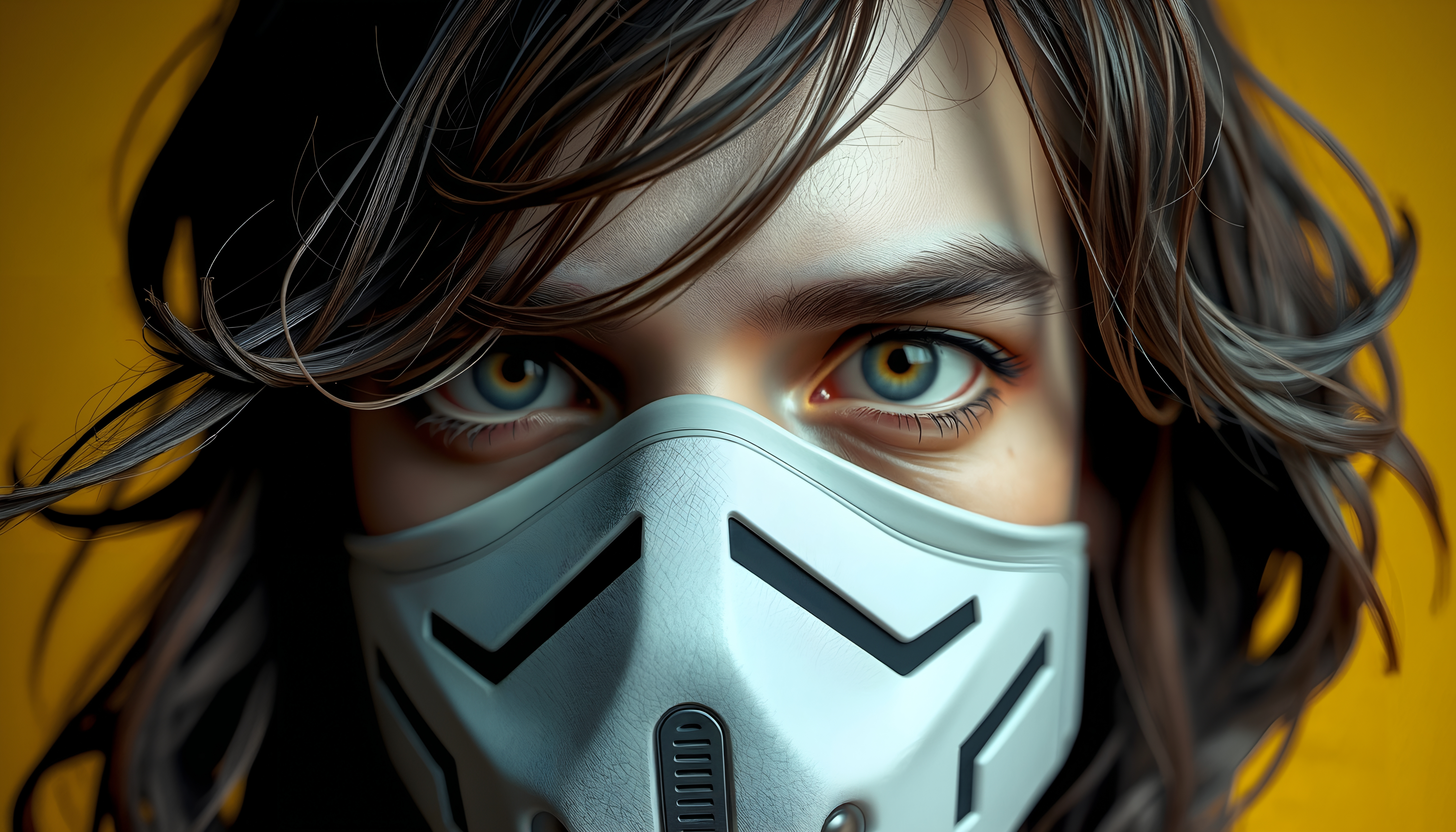 Close-up of Person Wearing Futuristic Respirator Mask with Yellow Background