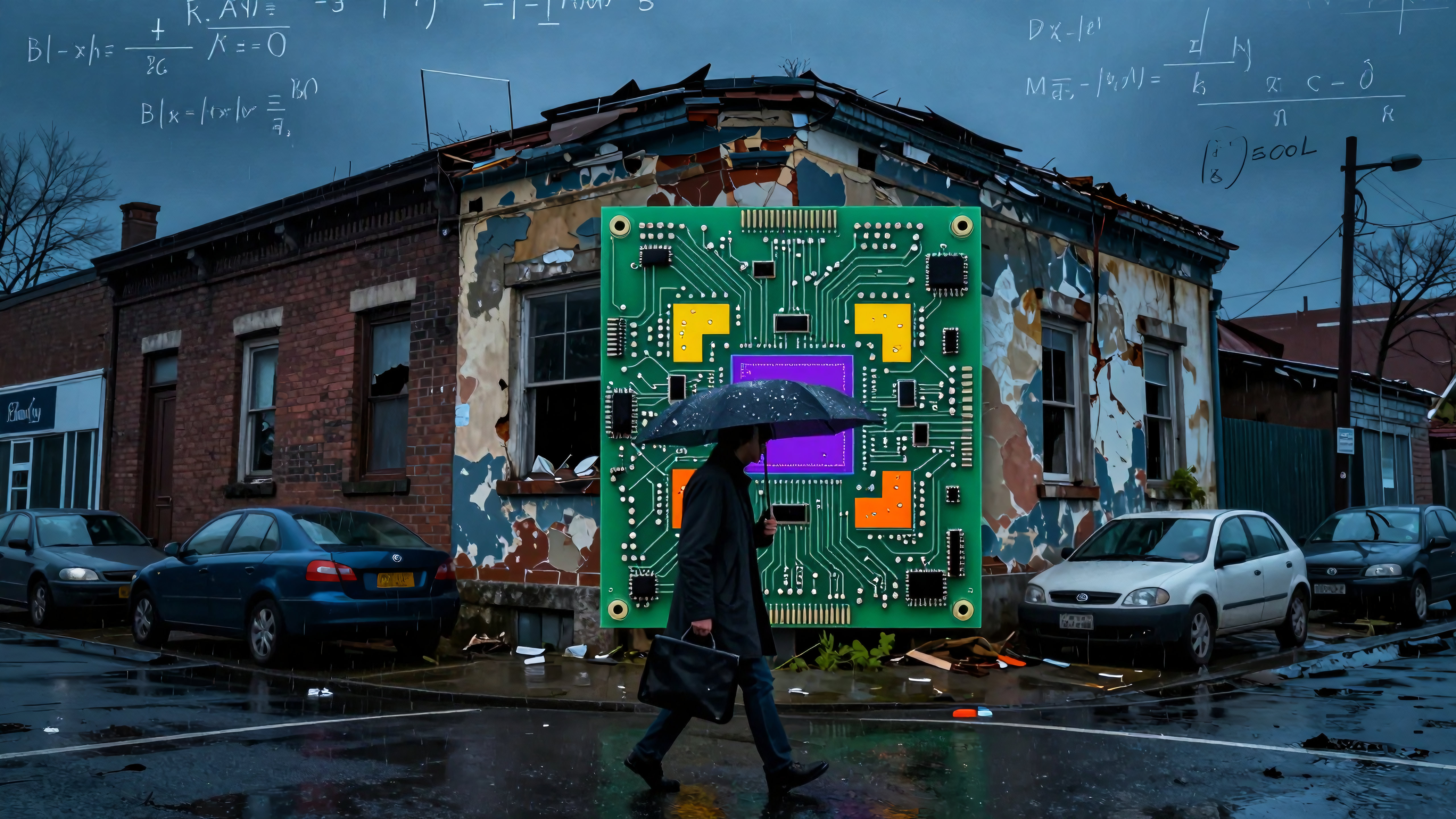 Person with Umbrella Walking Past Dilapidated Building with Circuit Board Overlay in Rainy Urban Scene