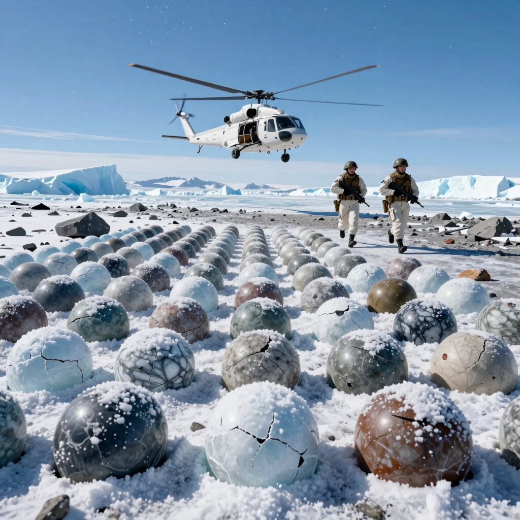 Military Personnel and Helicopter Over Antarctic Spherical Arrays