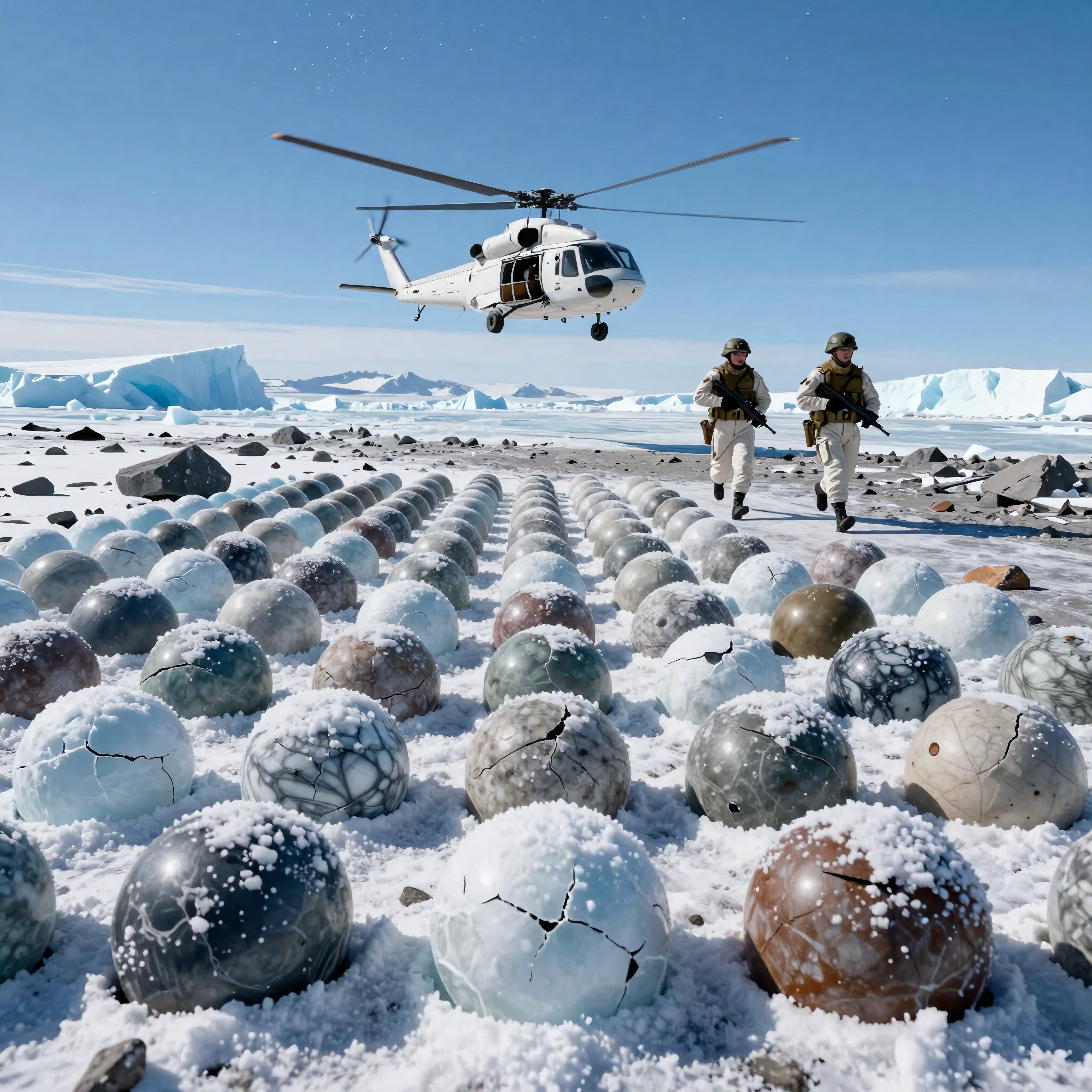 Military Personnel and Helicopter Over Antarctic Spherical Arrays