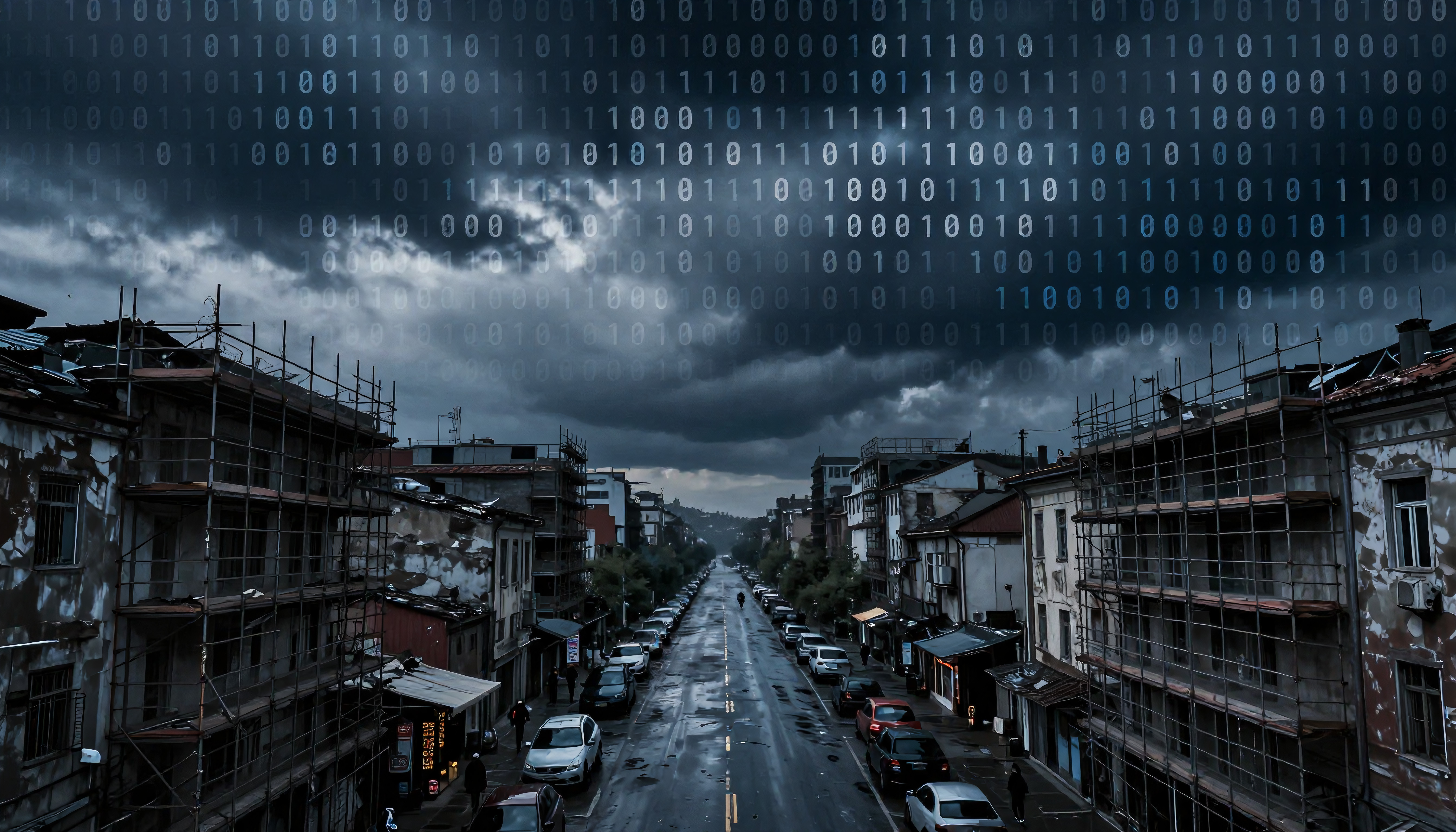 Overcast urban street scene with dilapidated, scaffolding-covered buildings