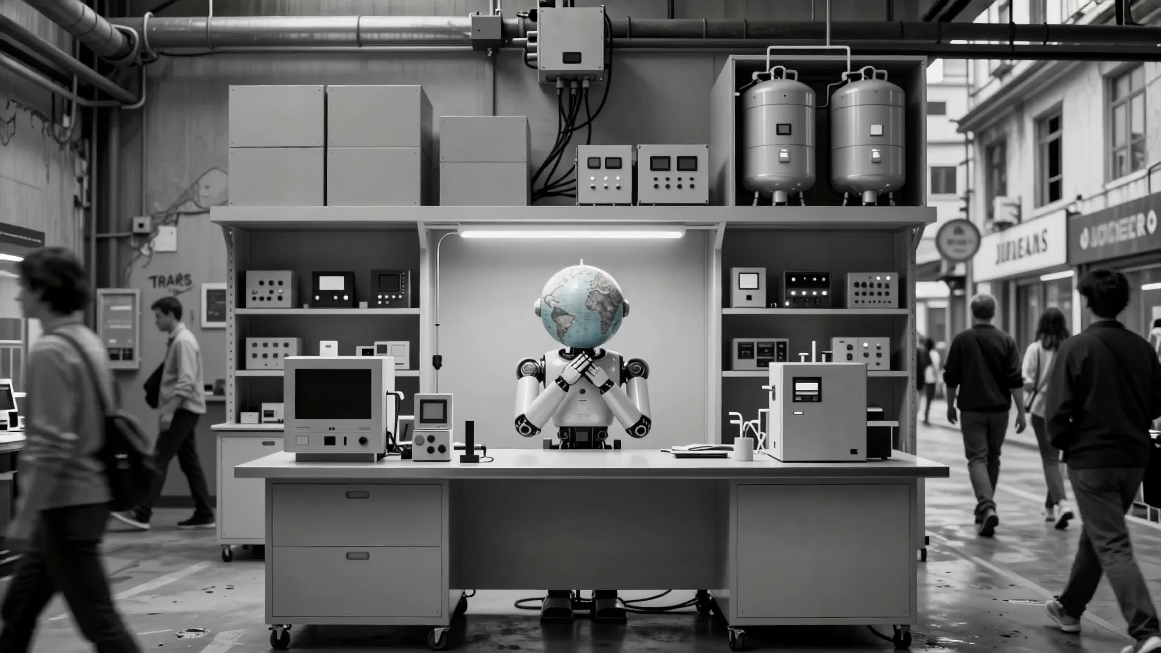 Futuristic robot with globe-shaped head sitting alone in dark industrial laboratory among machines and passing pedestrians, 4K video.