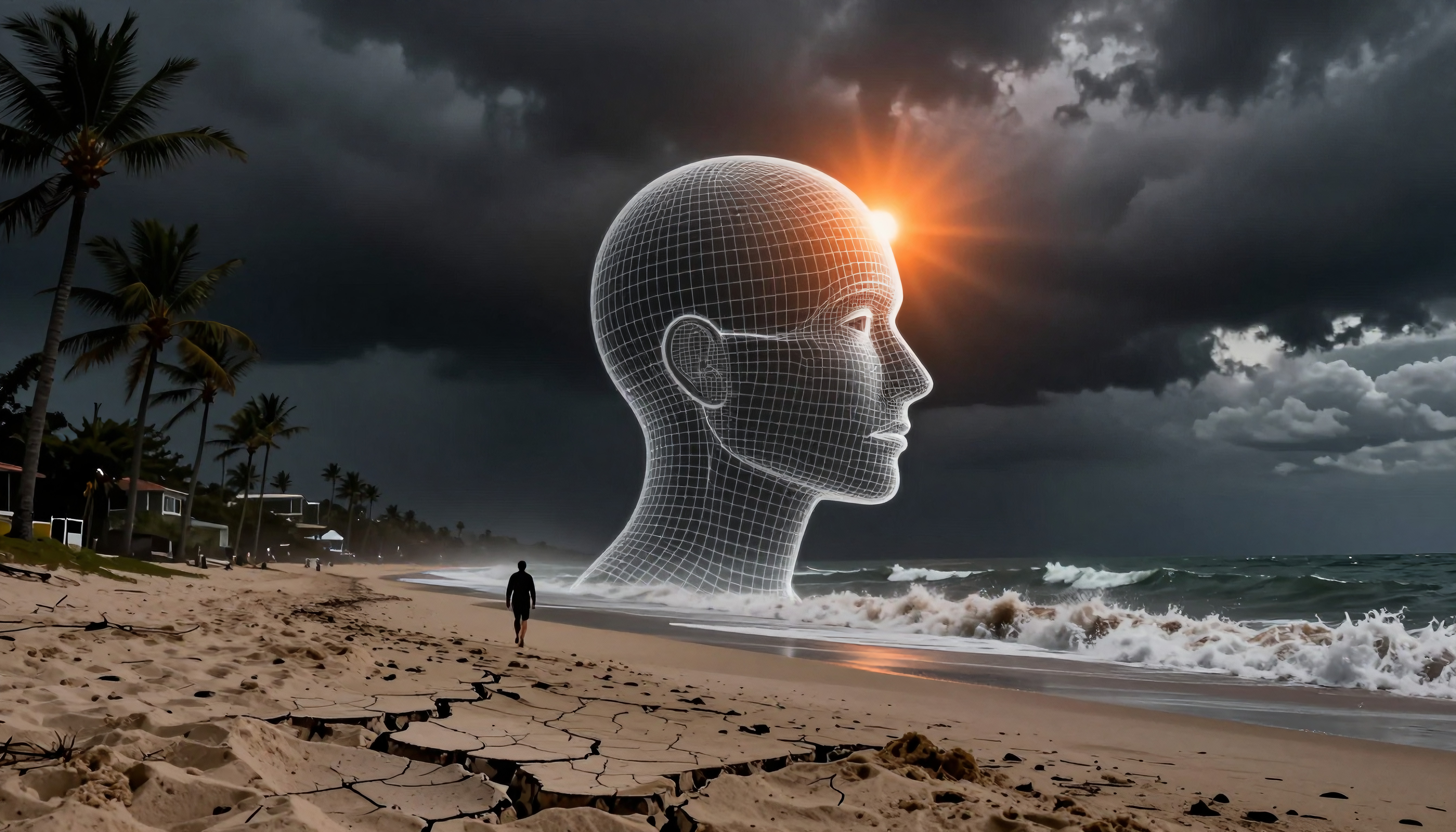 Wireframe Human Head Emerging from Stormy Beach with Cracked Sand
