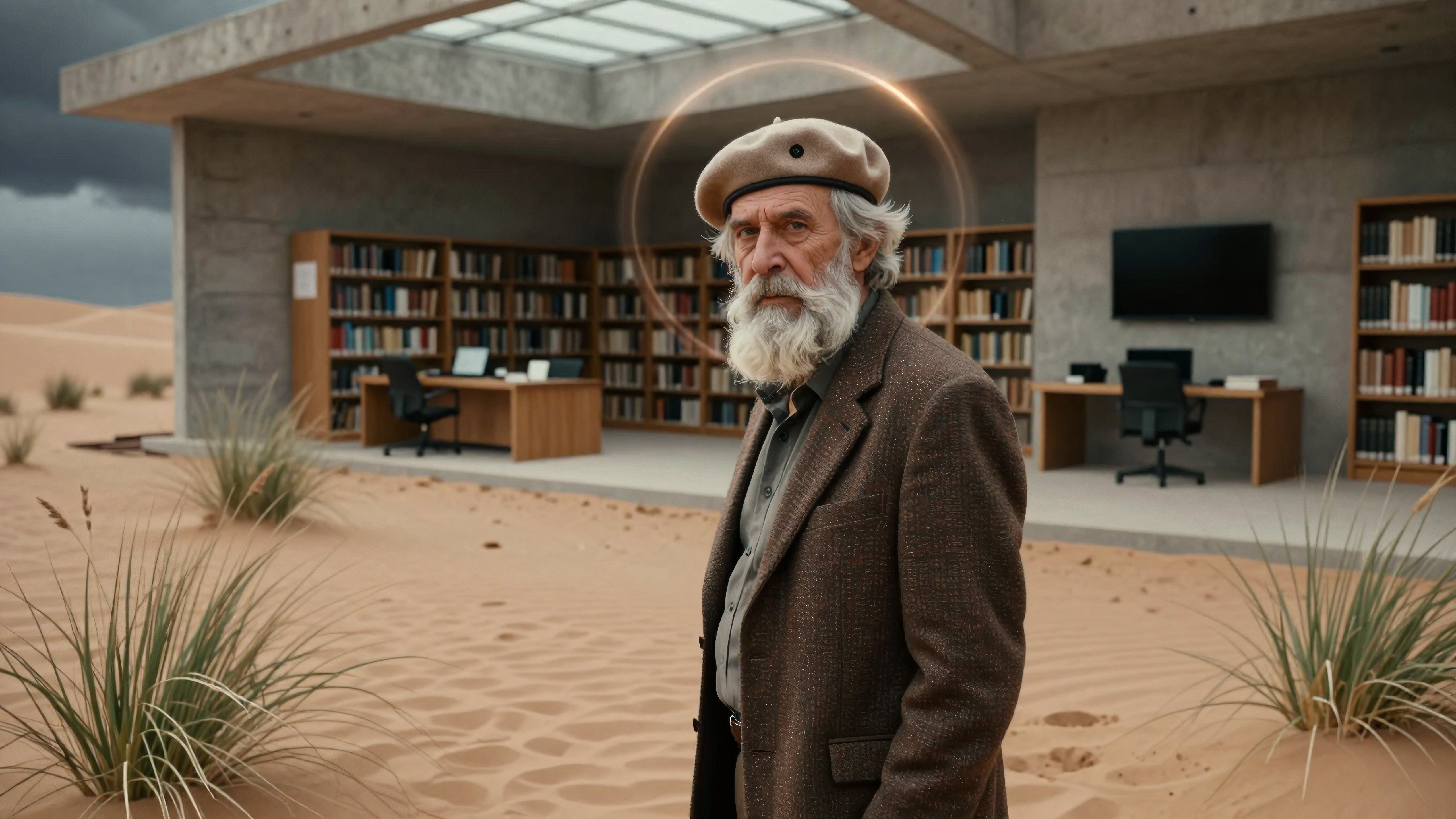 Elderly Scholar Standing Before Desert Library with Modern Concrete Architecture
