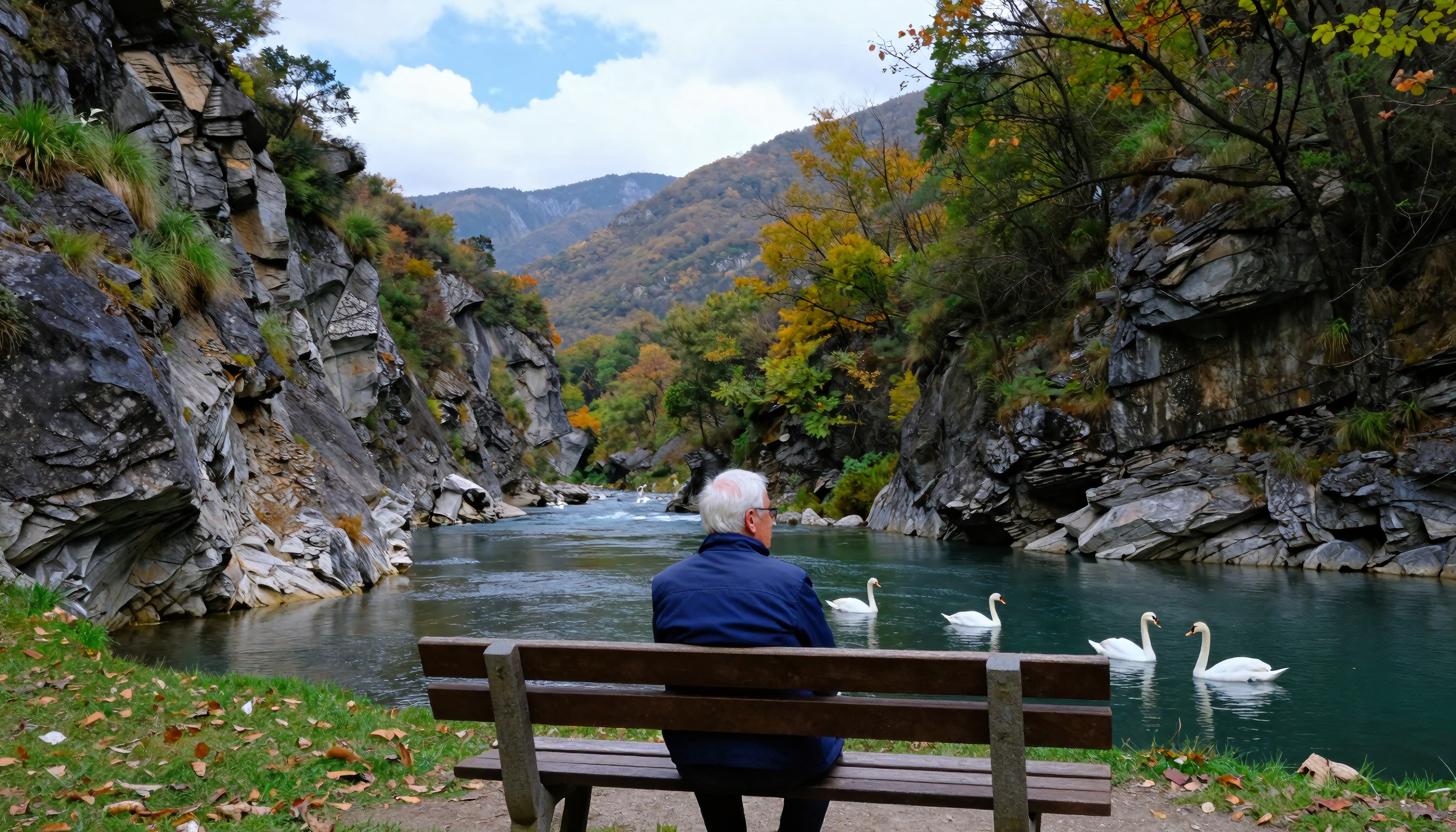 Man Observing Swans in Mountain River Valley